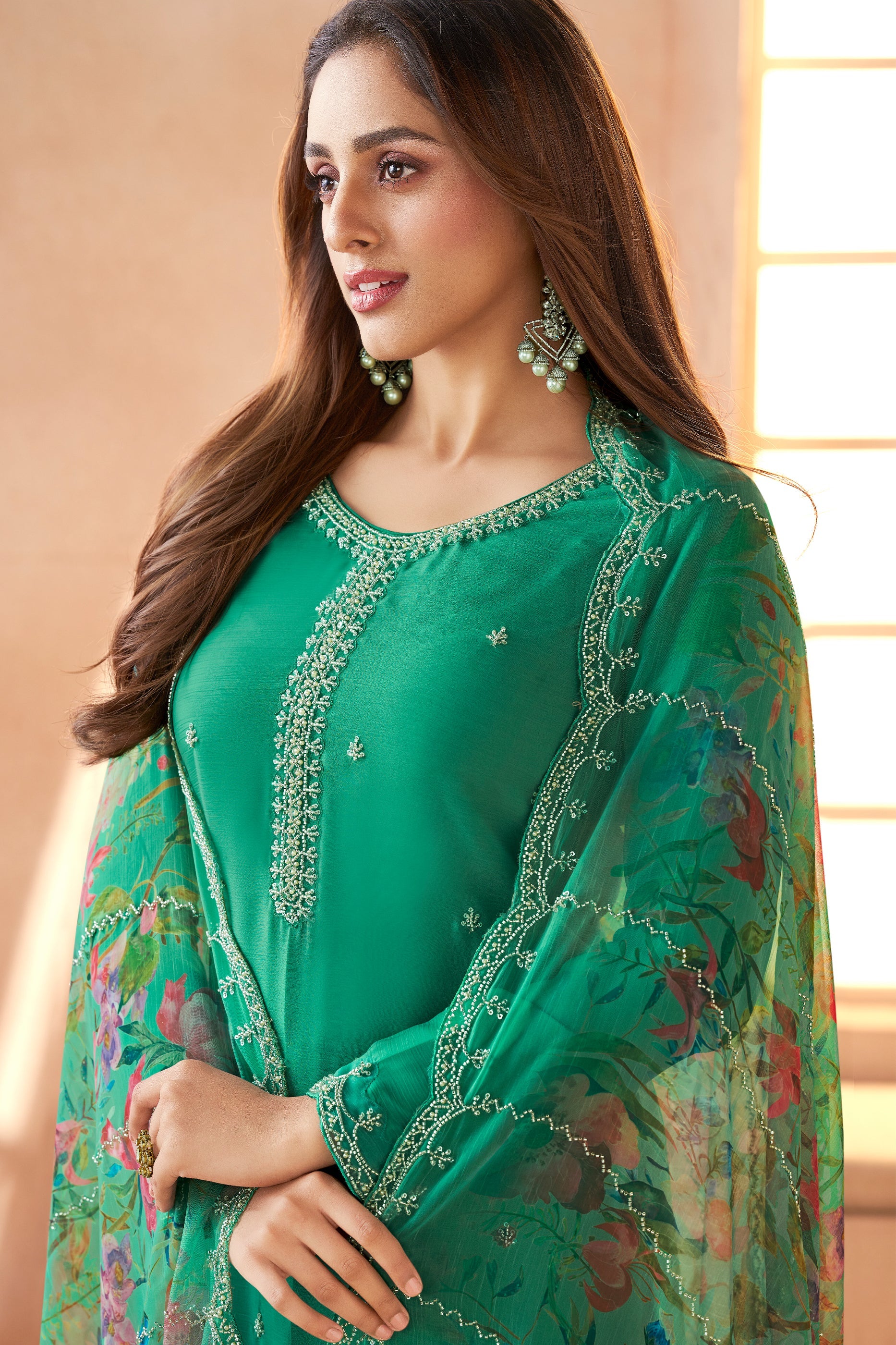 Green Embroidered Organza Chiffon Suit-SAR11503_2_SareeButa.com