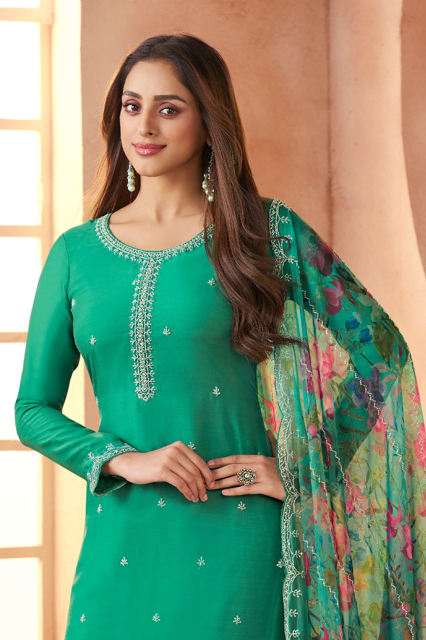 Green Embroidered Organza Chiffon Suit-SAR11503_3_SareeButa.com