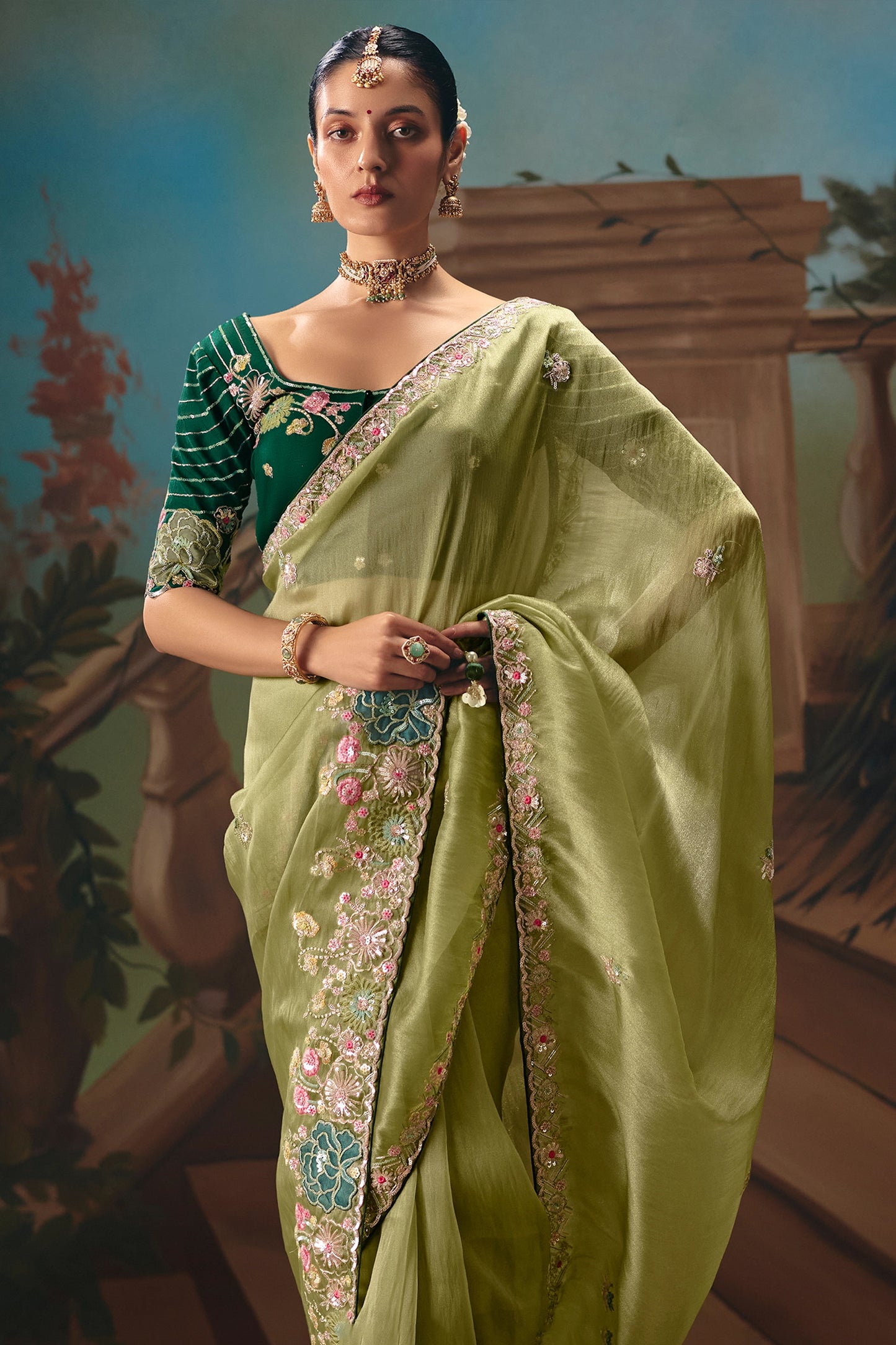 Green Embroidered Organza Saree-SAR12024_3_SareeButa.com