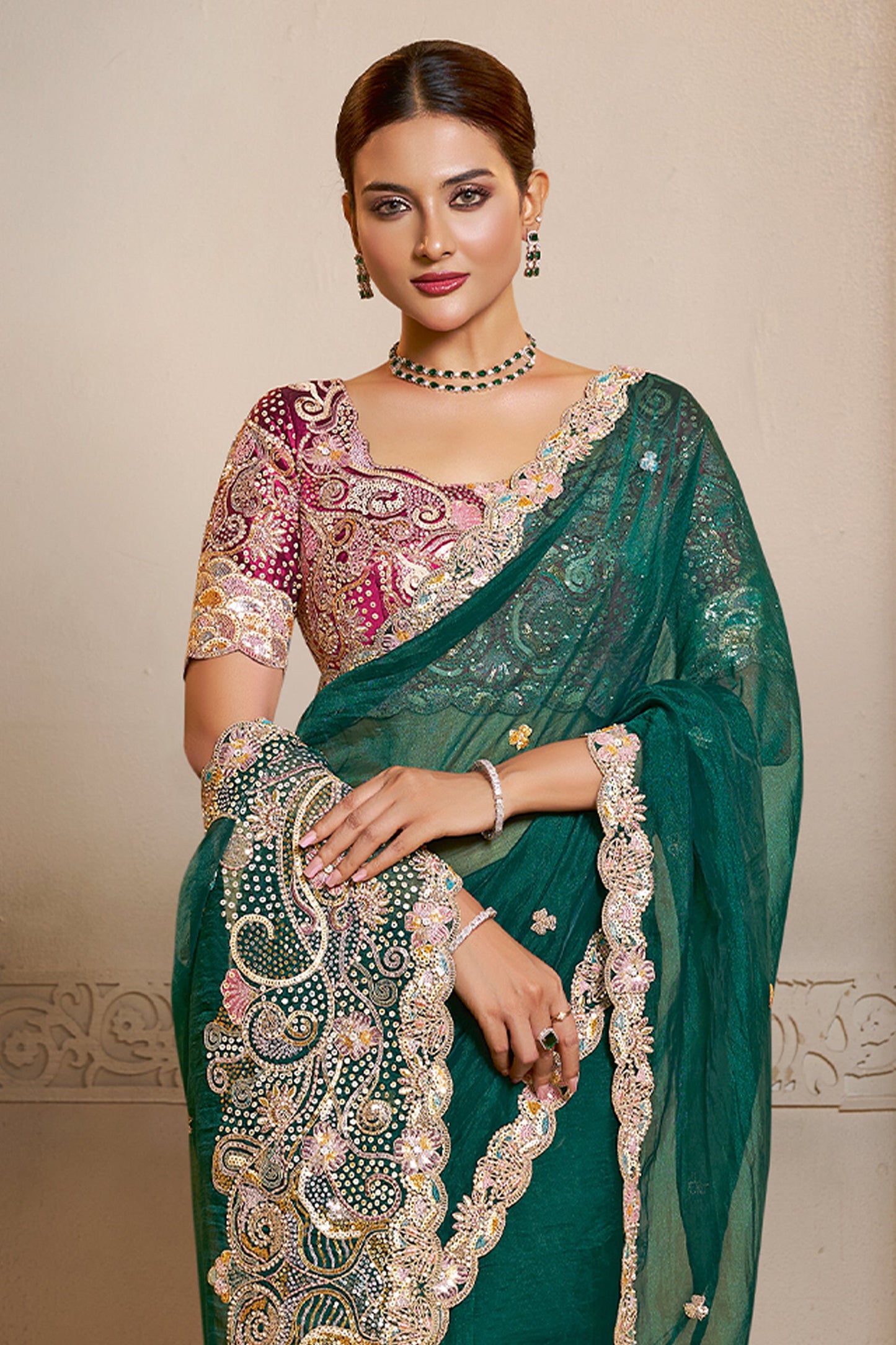 Green Embroidered Organza Satin Saree-SAR10868_3_SareeButa.com