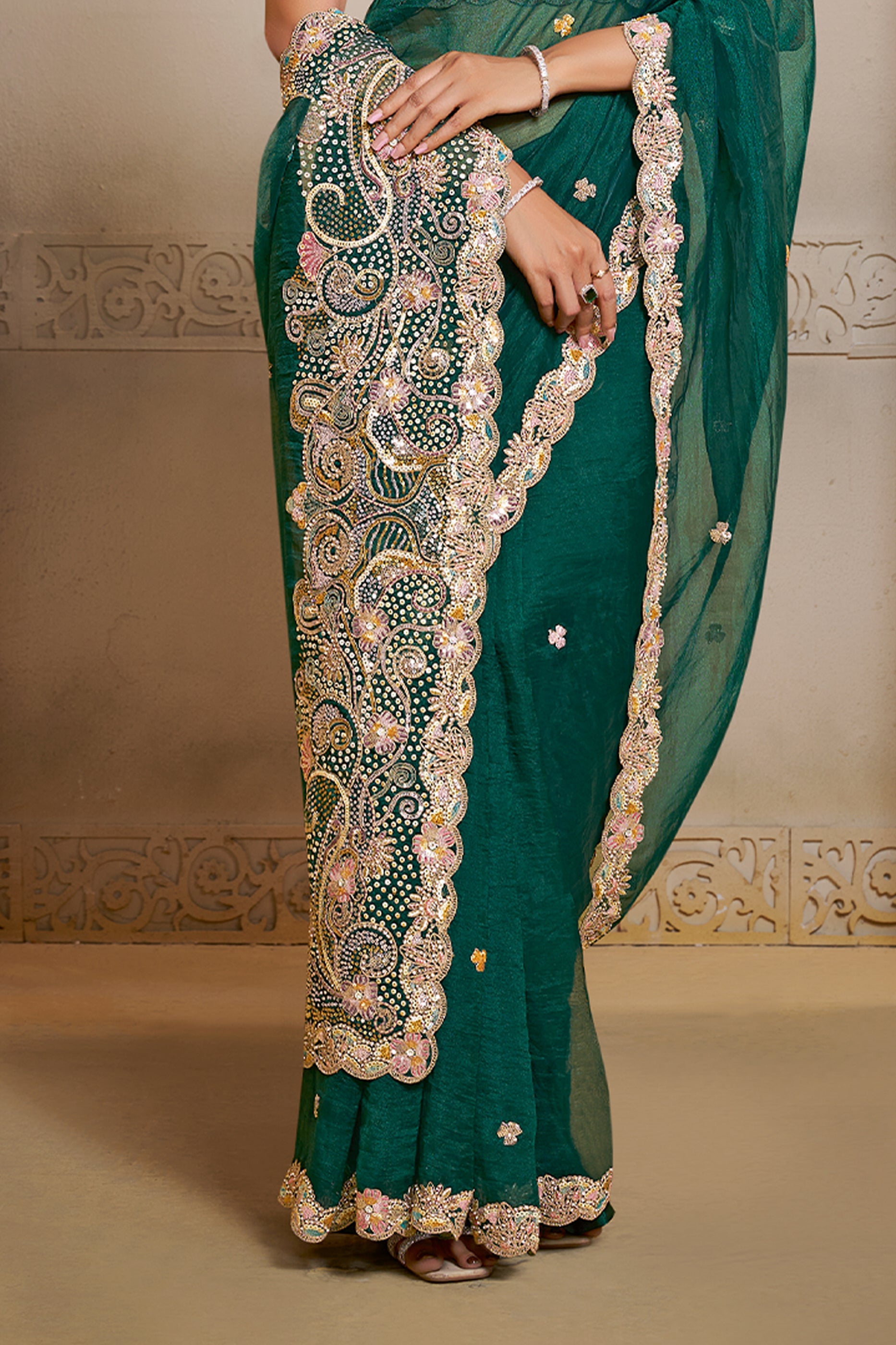 Green Embroidered Organza Satin Saree-SAR10868_4_SareeButa.com