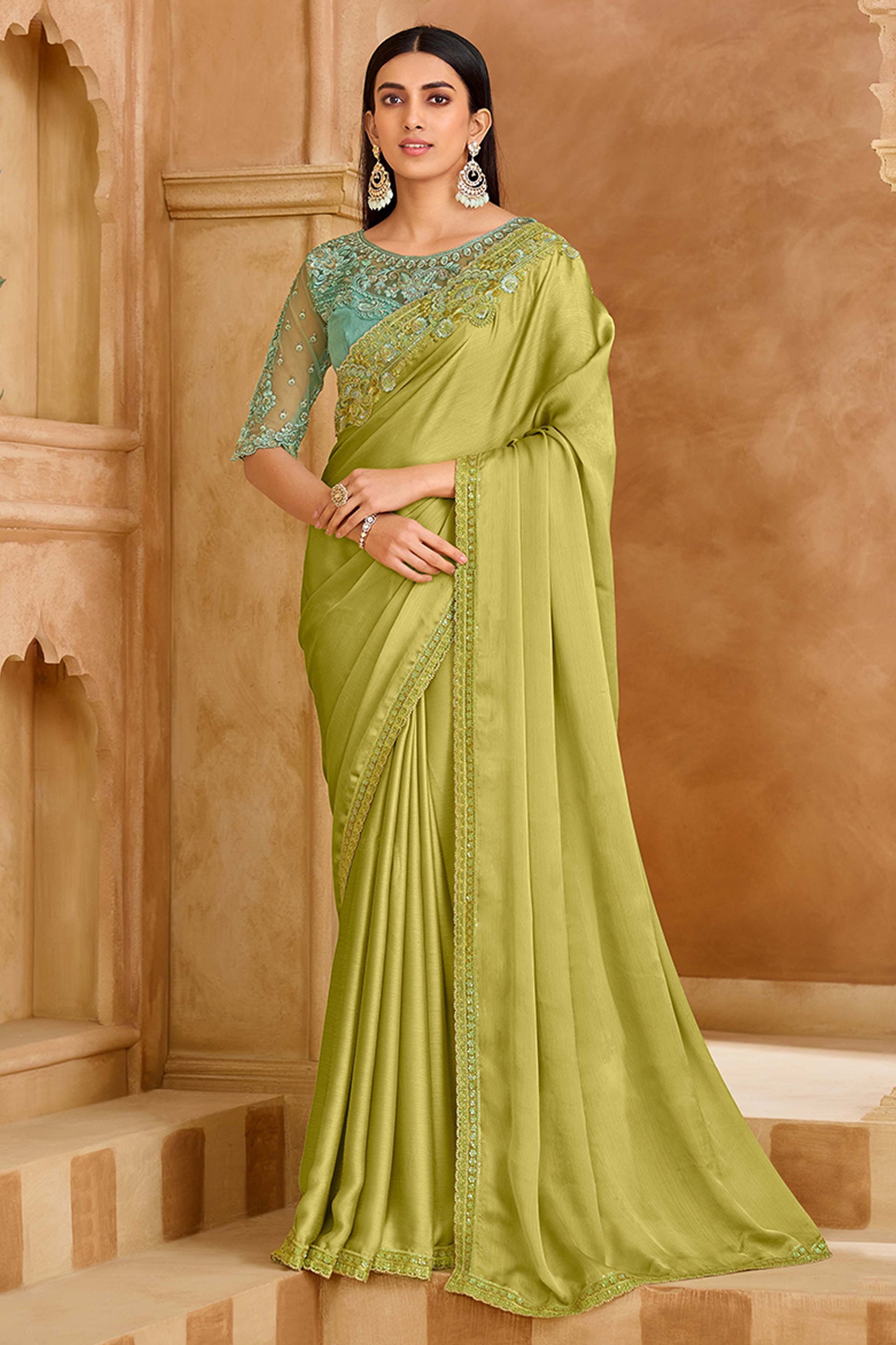 Green Embroidered Satin Chiffon Saree-SAR11718_1_SareeButa.com