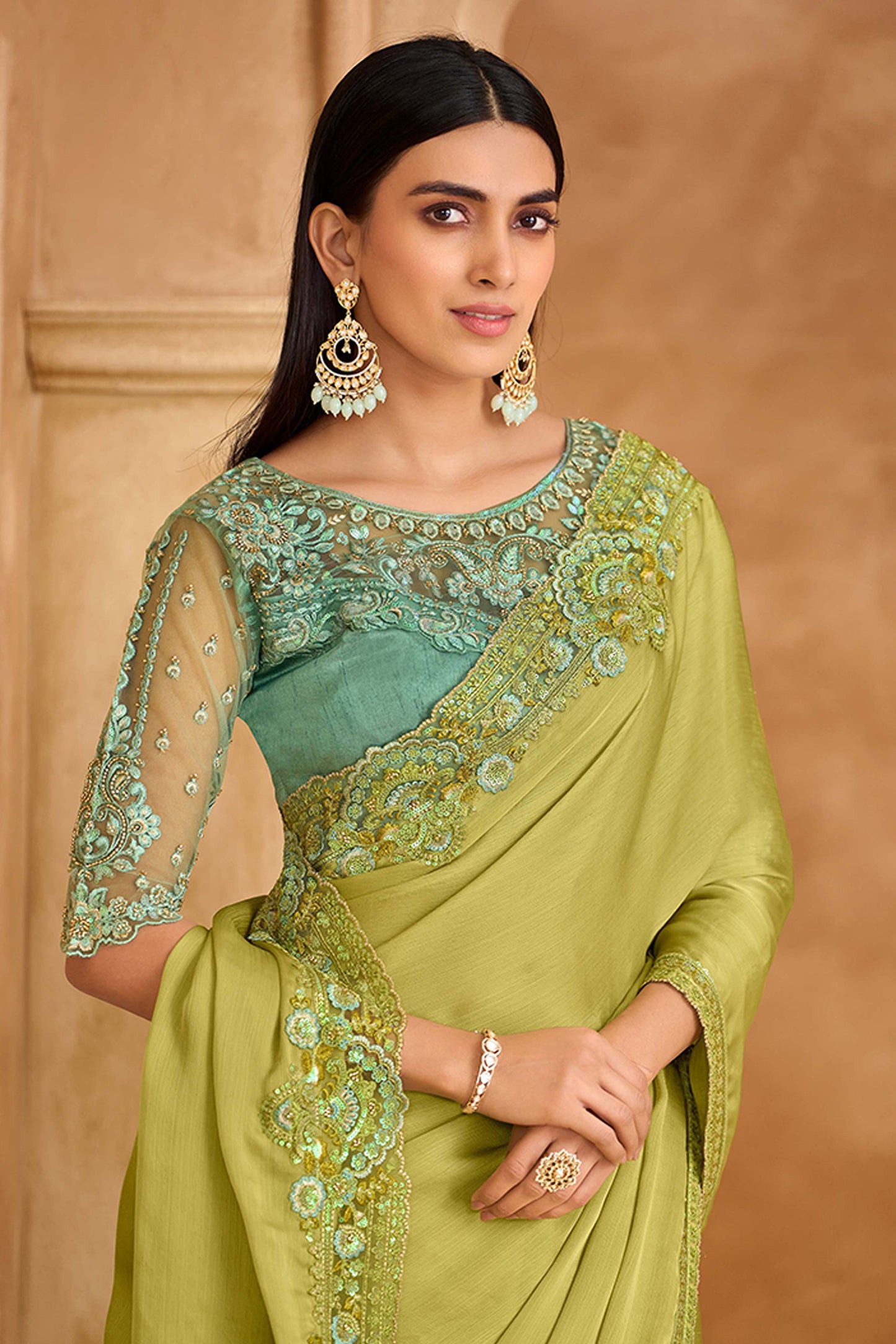 Green Embroidered Satin Chiffon Saree-SAR11718_2_SareeButa.com