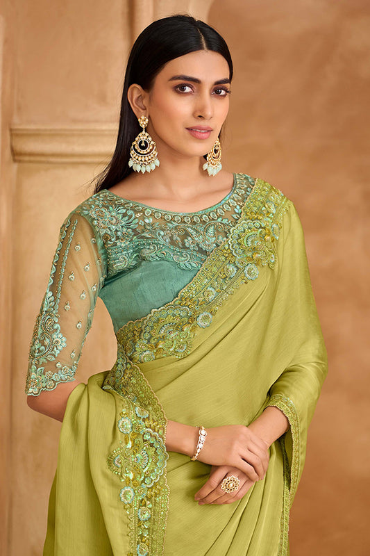 Green Embroidered Satin Chiffon Saree-SAR11718_2_SareeButa.com