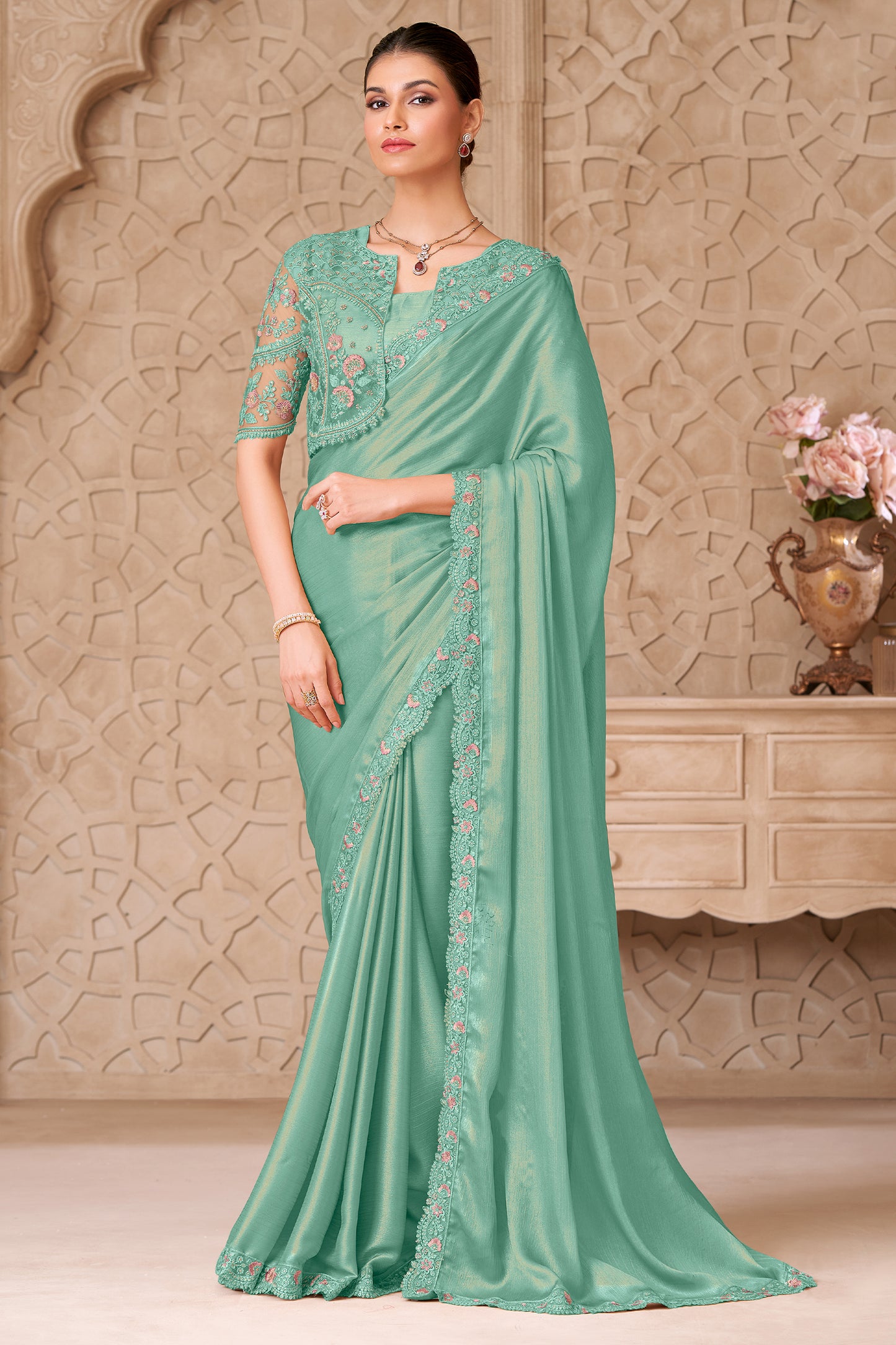 Green Embroidered Satin Georgette Saree-SAR12466_1_SareeButa.com