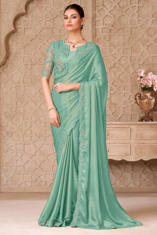 Green Embroidered Satin Georgette Saree-SAR12466_1_SareeButa.com