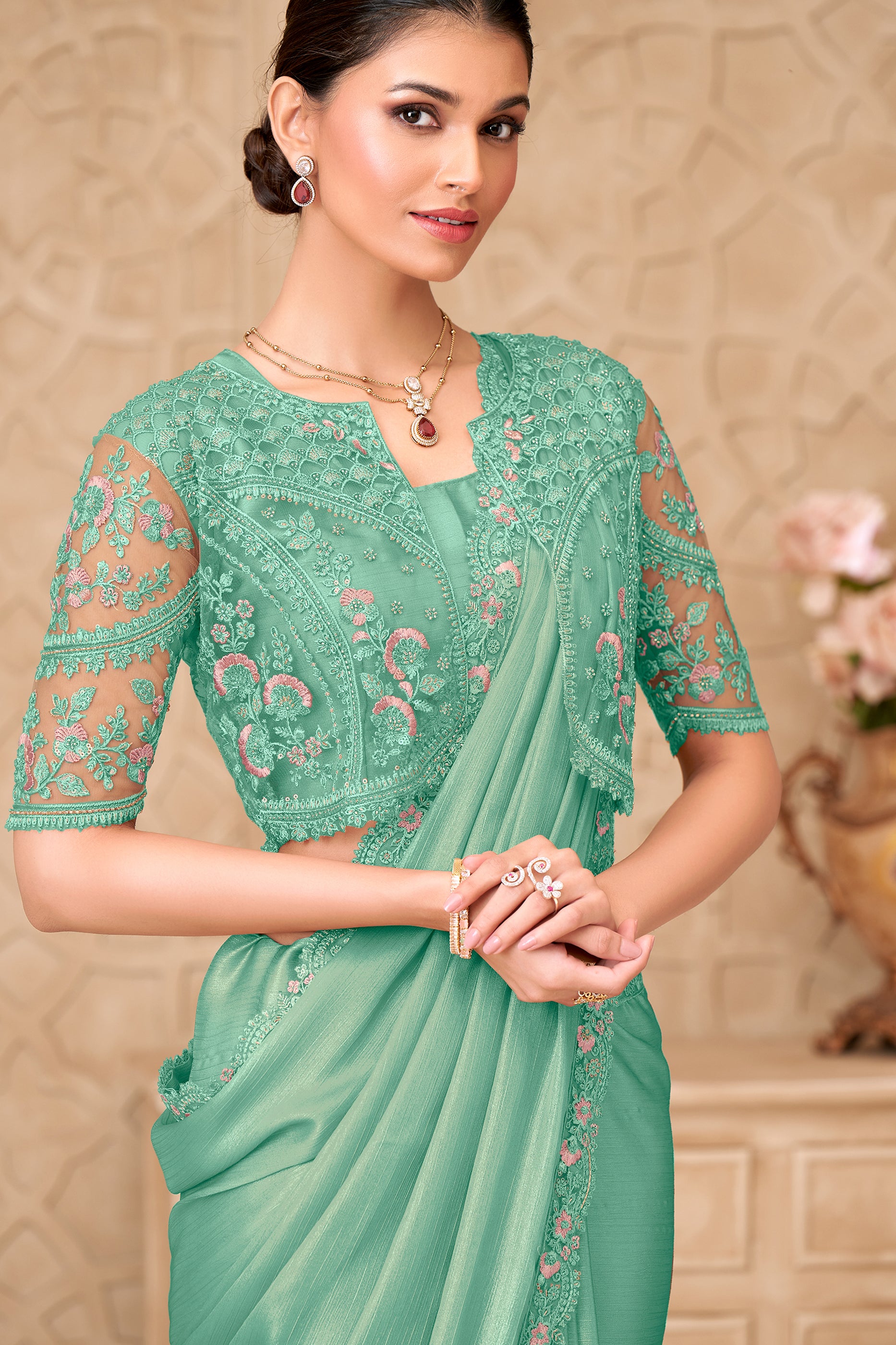 Green Embroidered Satin Georgette Saree-SAR12466_2_SareeButa.com
