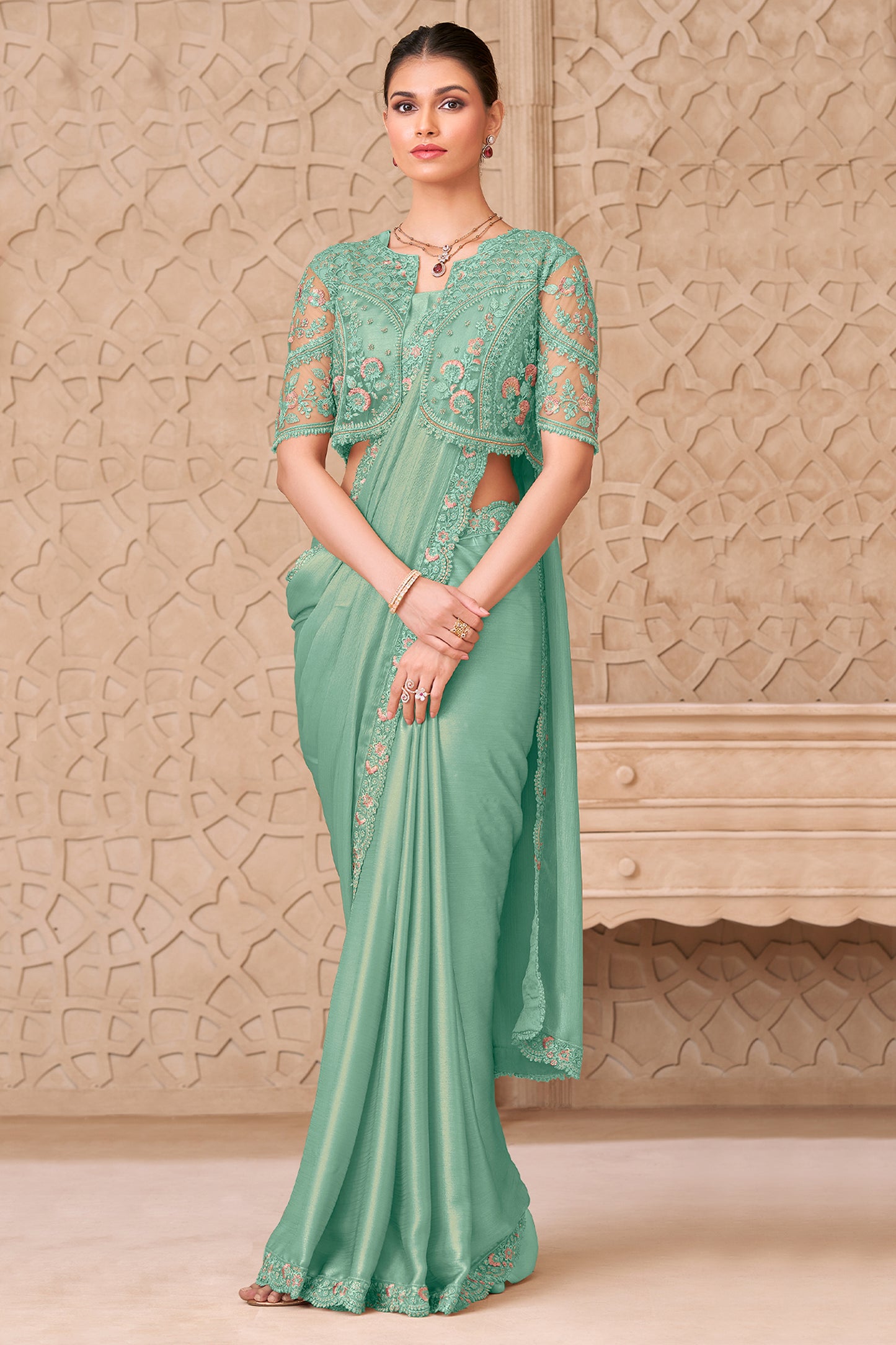 Green Embroidered Satin Georgette Saree-SAR12466_3_SareeButa.com