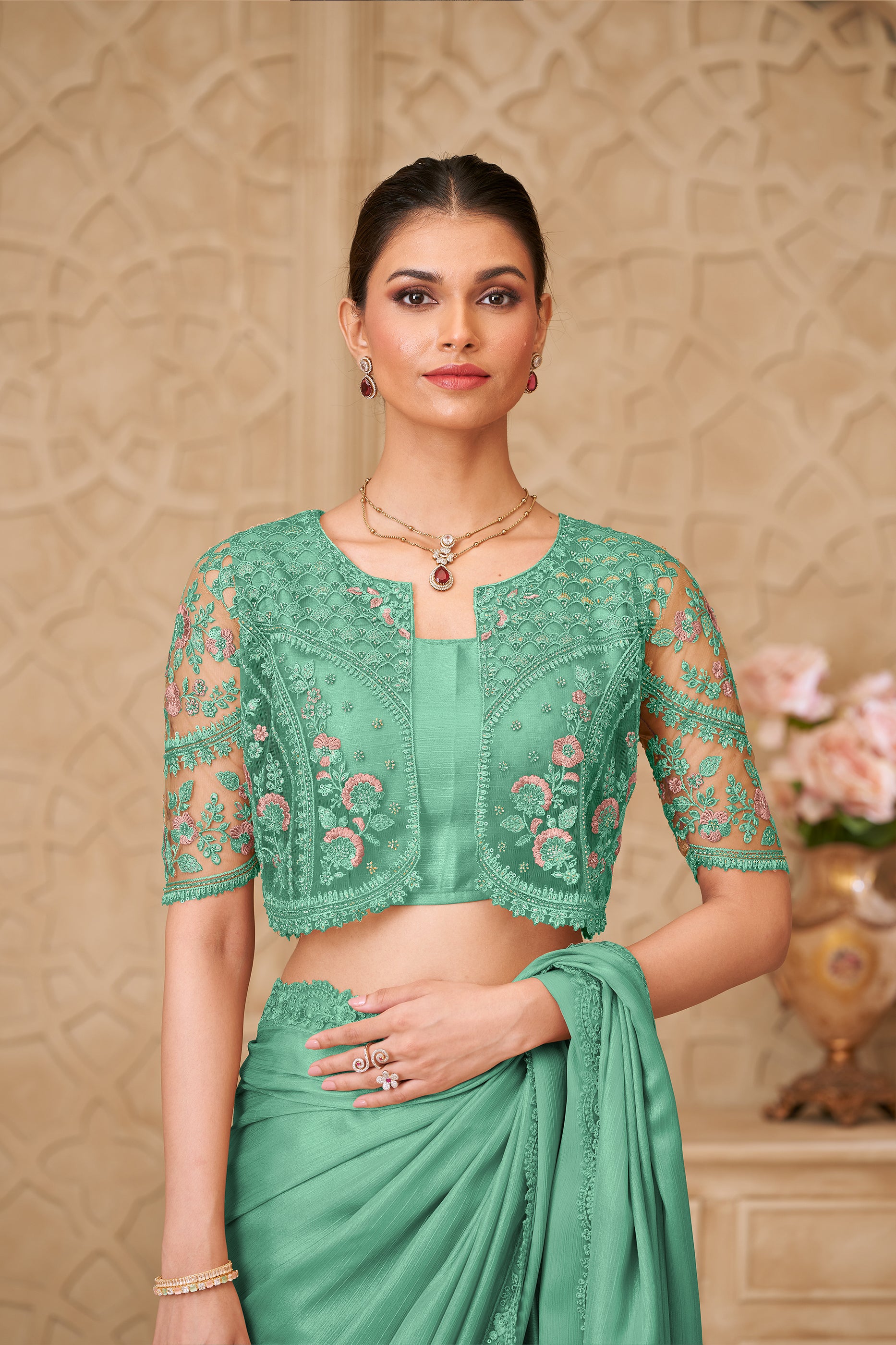 Green Embroidered Satin Georgette Saree-SAR12466_4_SareeButa.com