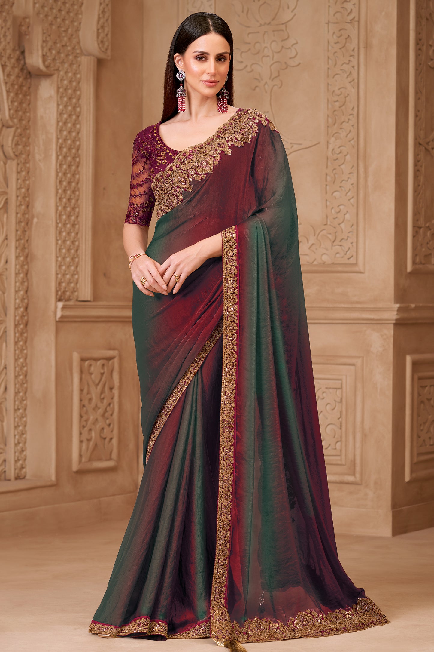 Green Embroidered Satin Georgette Saree-SAR12472_1_SareeButa.com