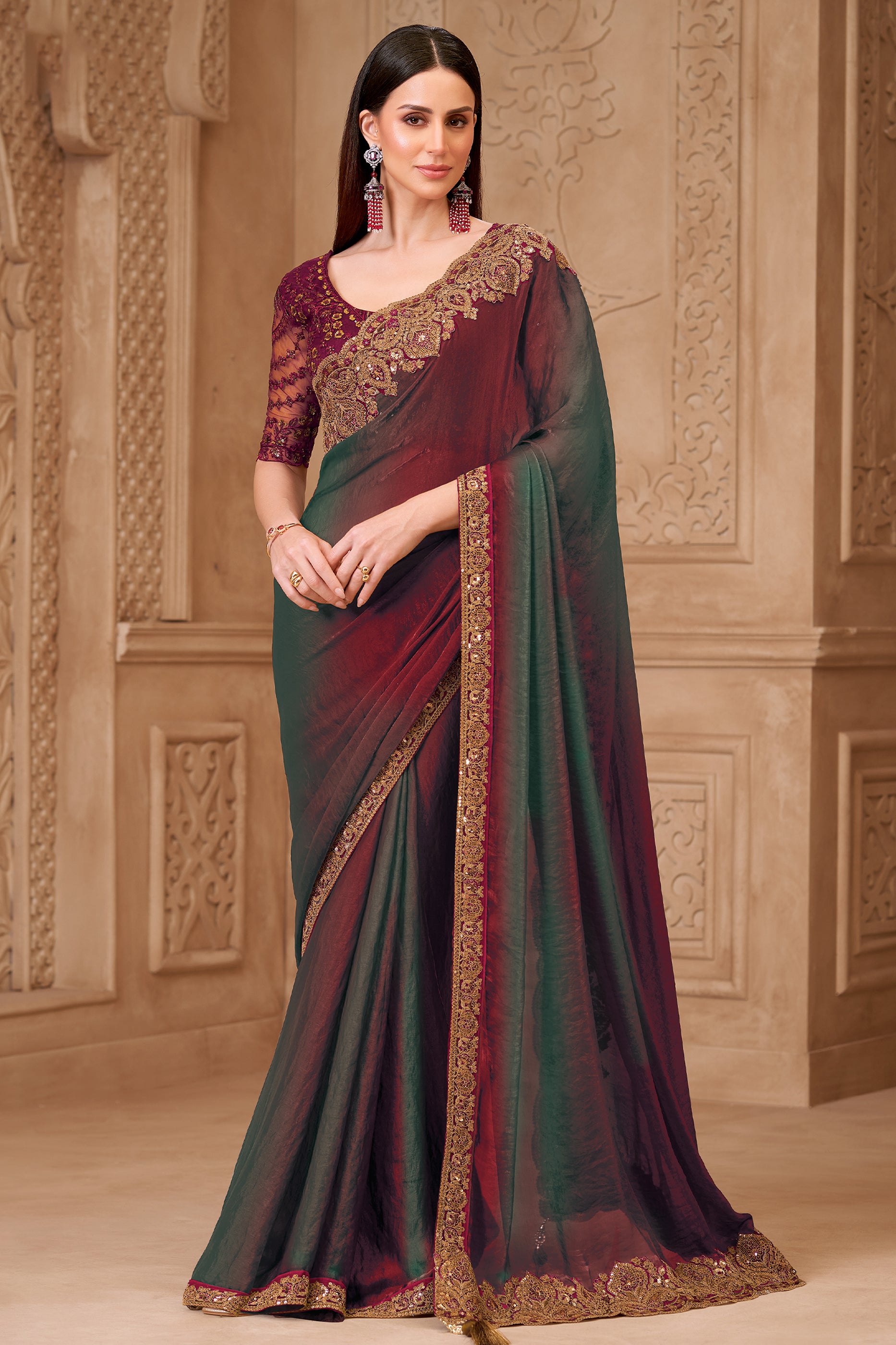Green Embroidered Satin Georgette Saree-SAR12472_1_SareeButa.com