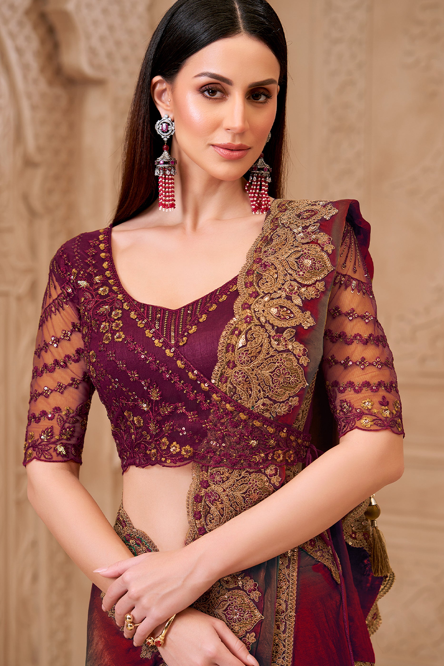 Green Embroidered Satin Georgette Saree-SAR12472_2_SareeButa.com