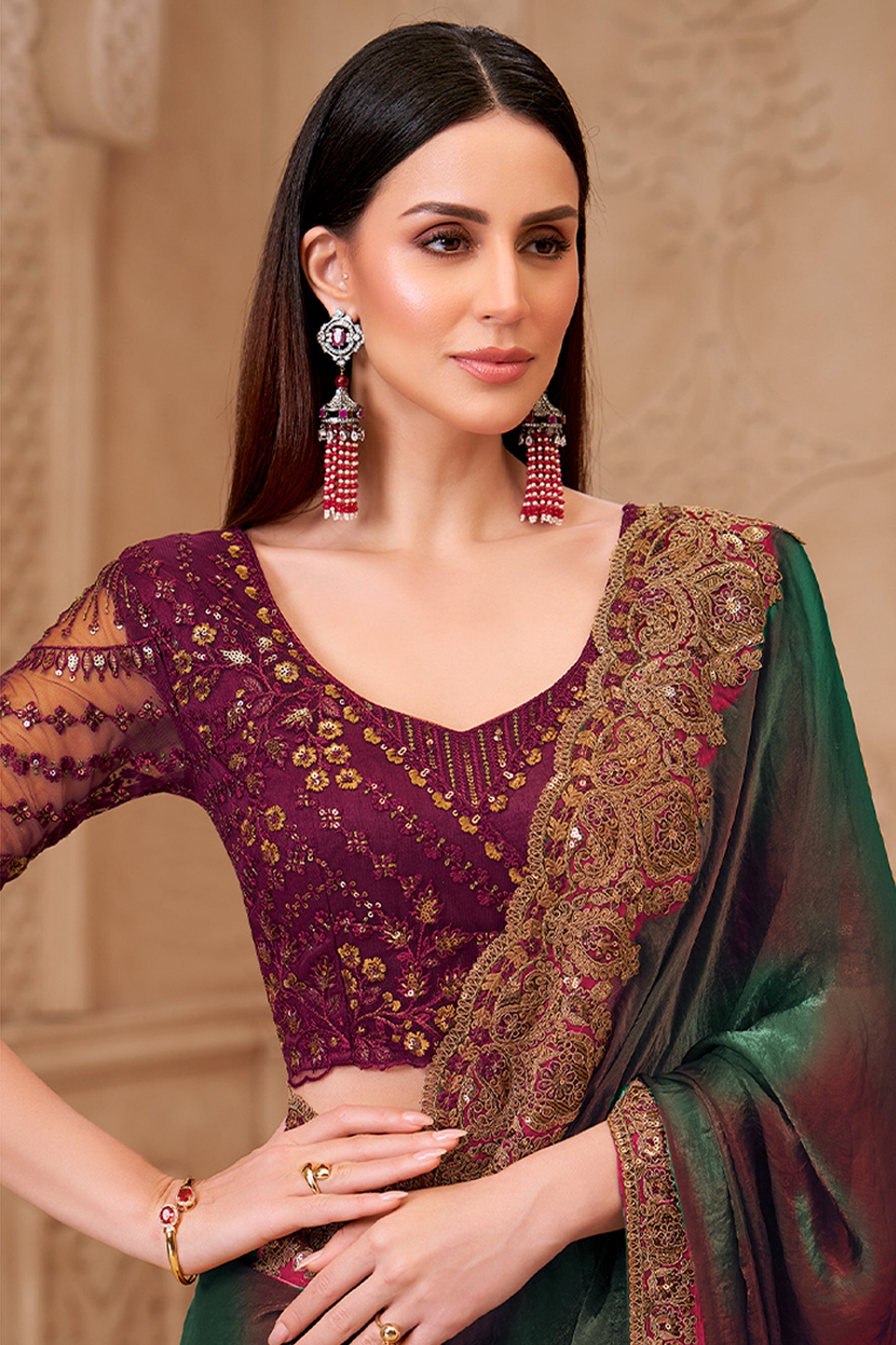 Green Embroidered Satin Georgette Saree-SAR12472_3_SareeButa.com