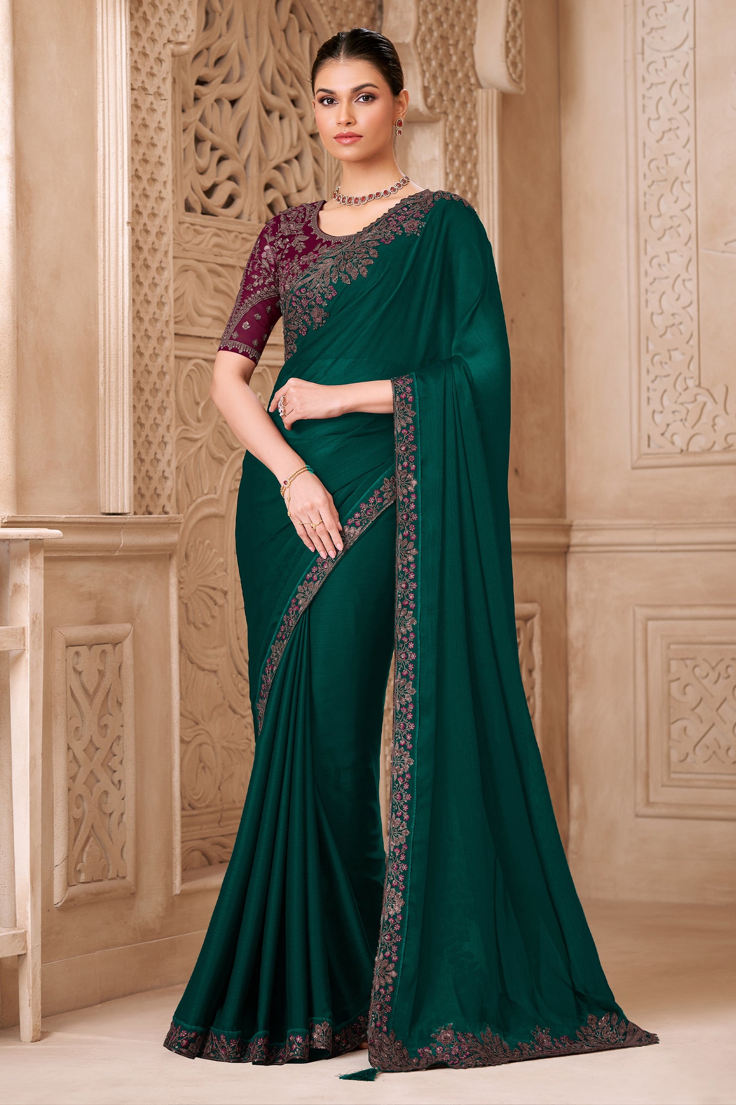 Green Embroidered Satin Georgette Saree-SAR12486_1_SareeButa.com