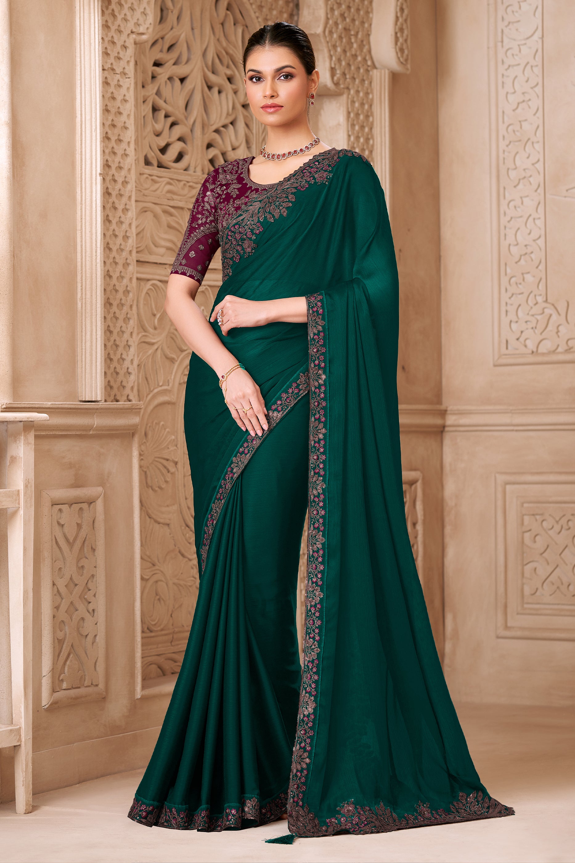 Green Embroidered Satin Georgette Saree-SAR12486_1_SareeButa.com