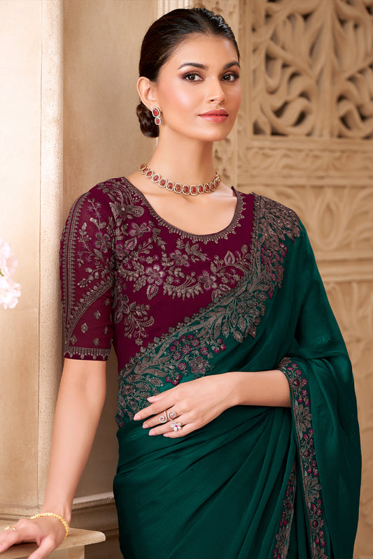Green Embroidered Satin Georgette Saree-SAR12486_2_SareeButa.com