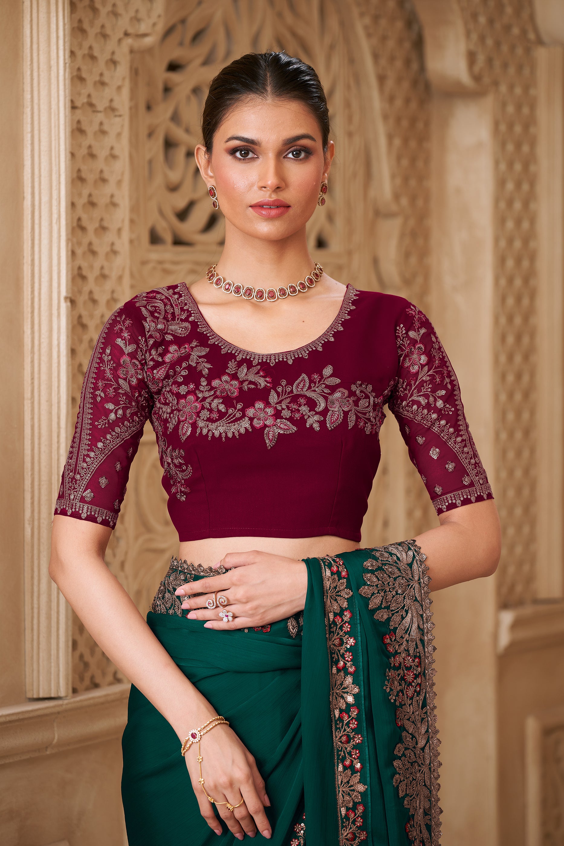 Green Embroidered Satin Georgette Saree-SAR12486_3_SareeButa.com