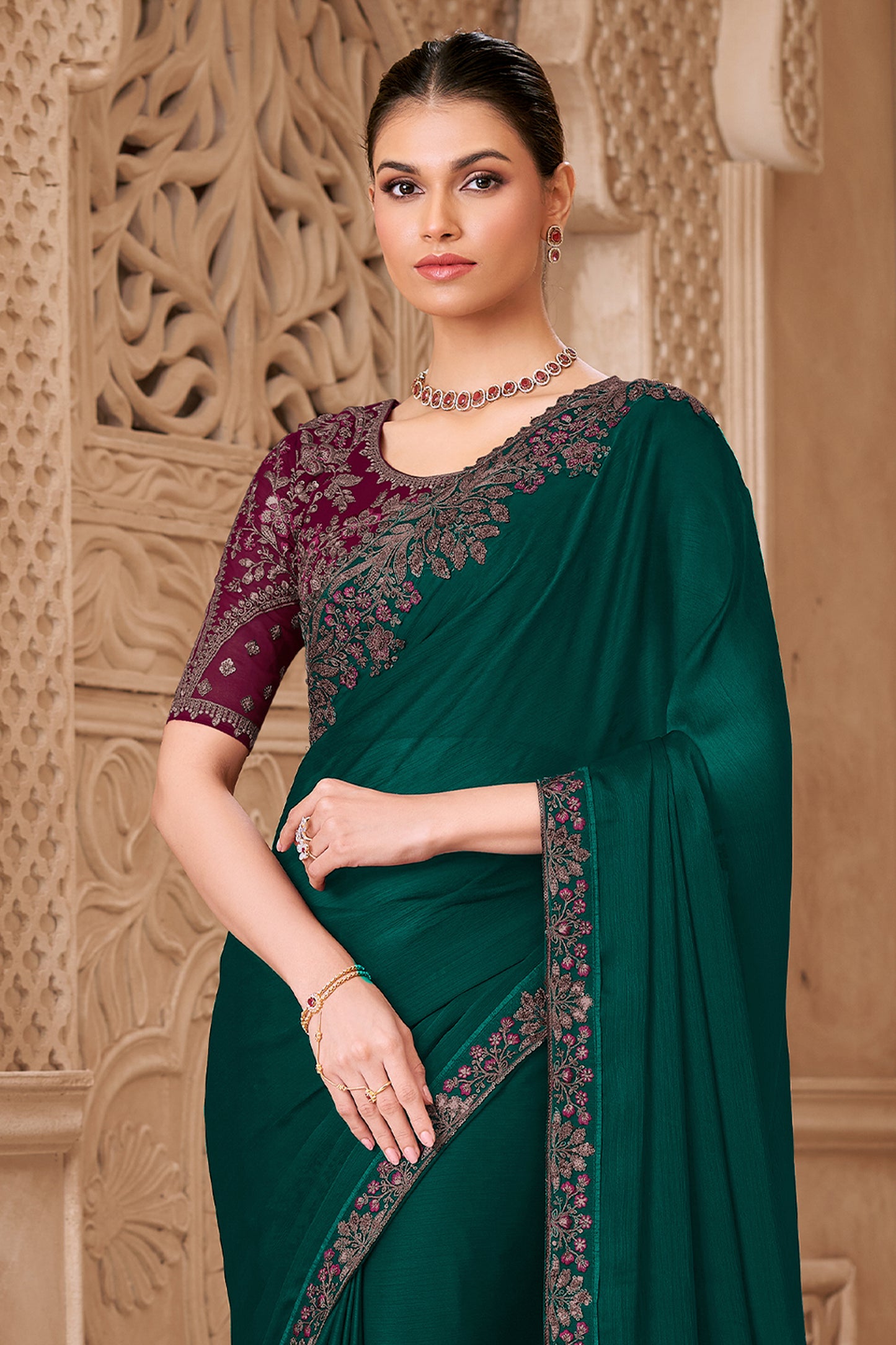 Green Embroidered Satin Georgette Saree-SAR12486_5_SareeButa.com