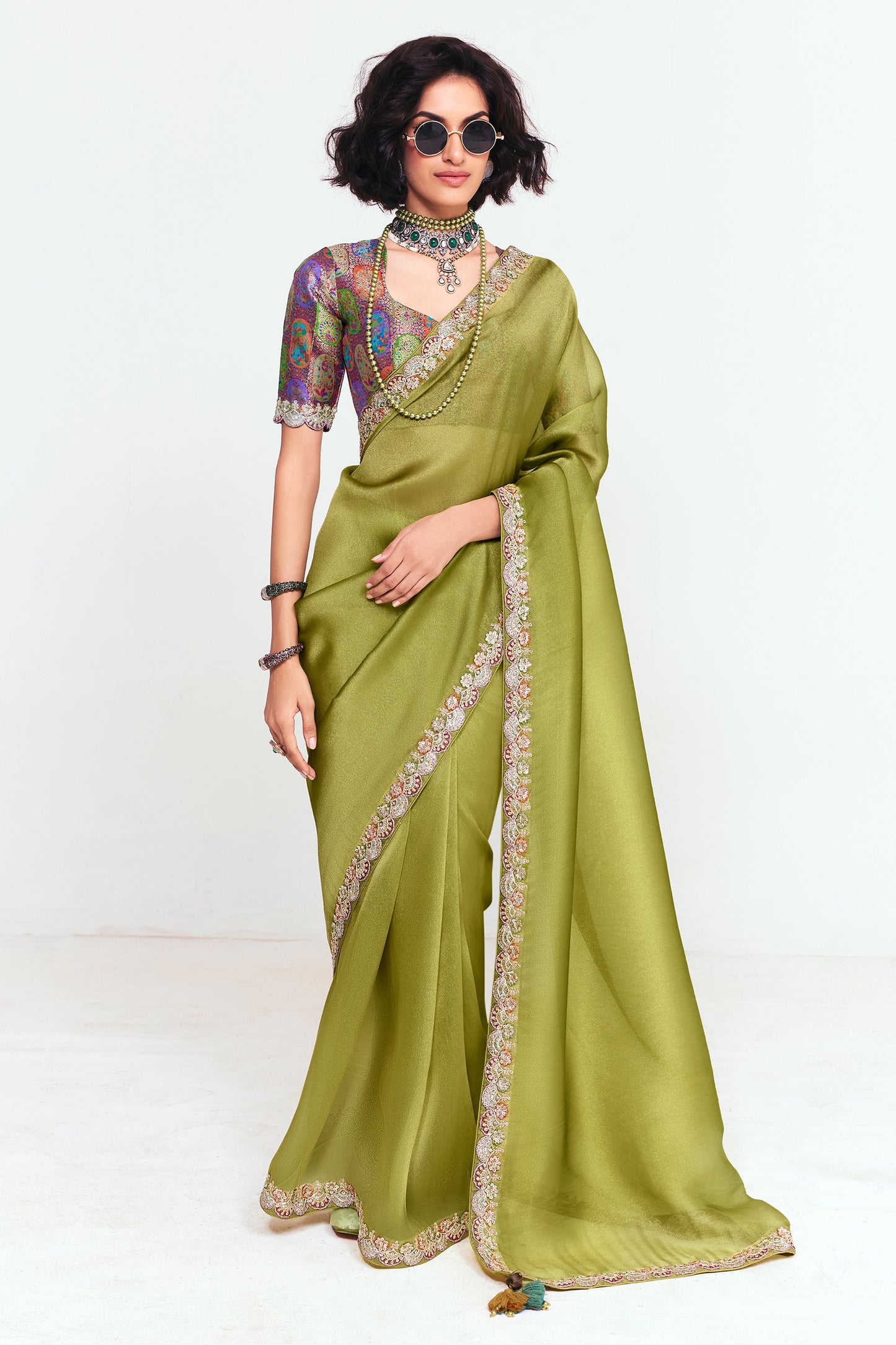 Green Embroidered Satin Organza Saree-SAR12245_1_SareeButa.com