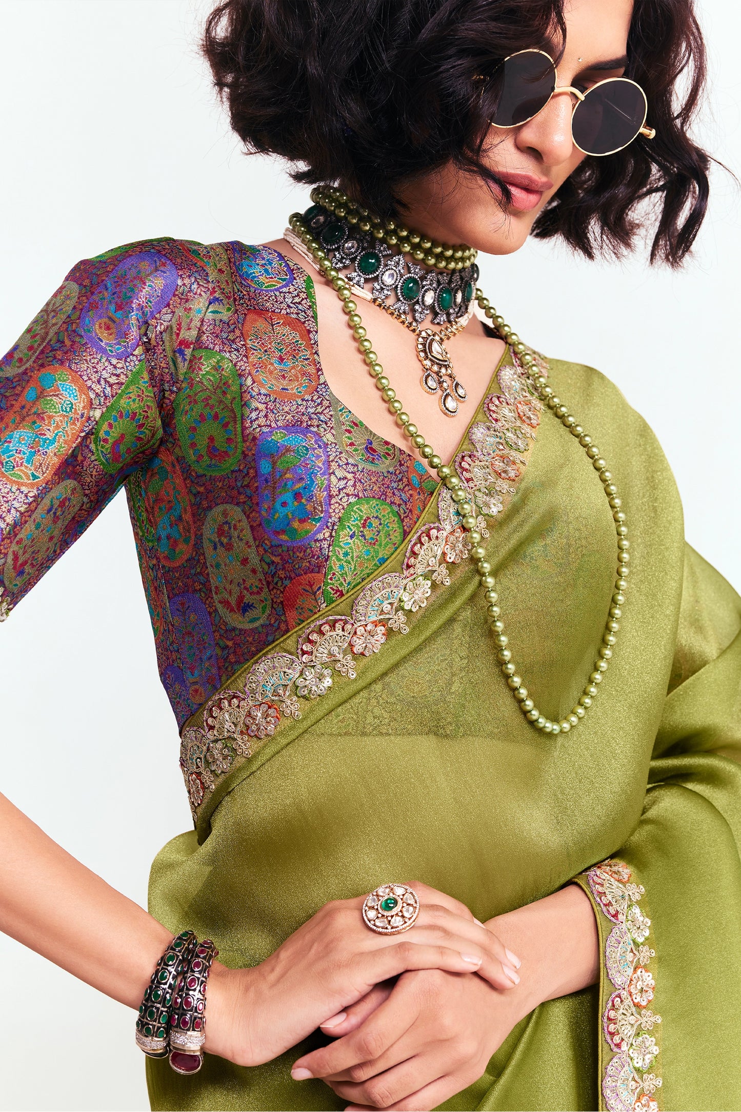 Green Embroidered Satin Organza Saree-SAR12245_2_SareeButa.com