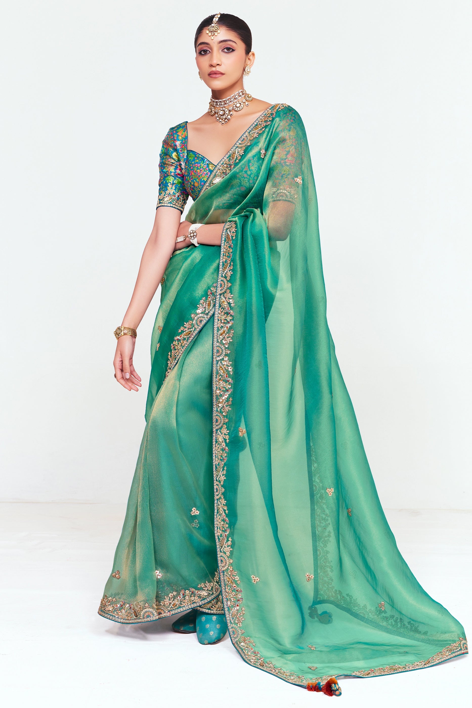 Green Embroidered Satin Organza Saree-SAR12248_1_SareeButa.com