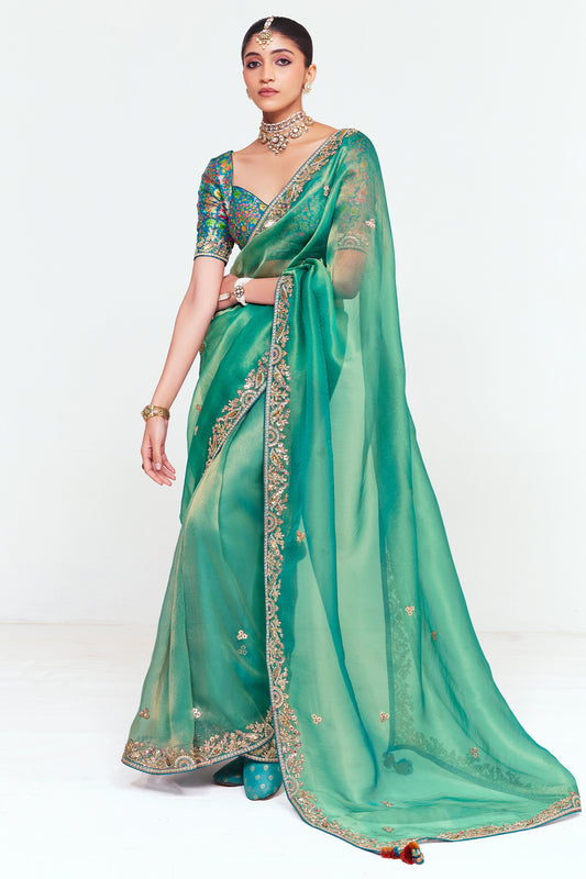 Green Embroidered Satin Organza Saree-SAR12248_1_SareeButa.com