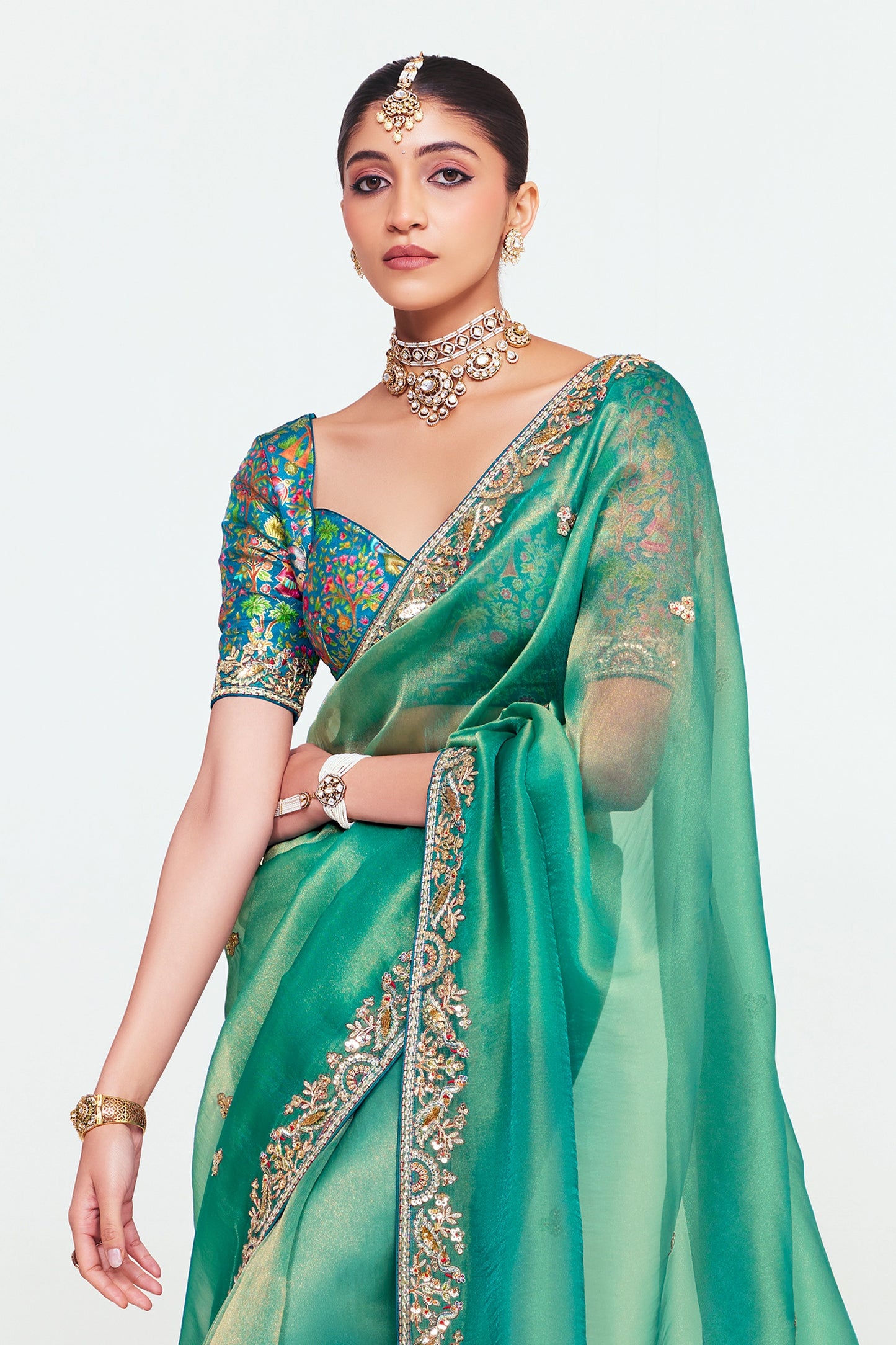 Green Embroidered Satin Organza Saree-SAR12248_2_SareeButa.com