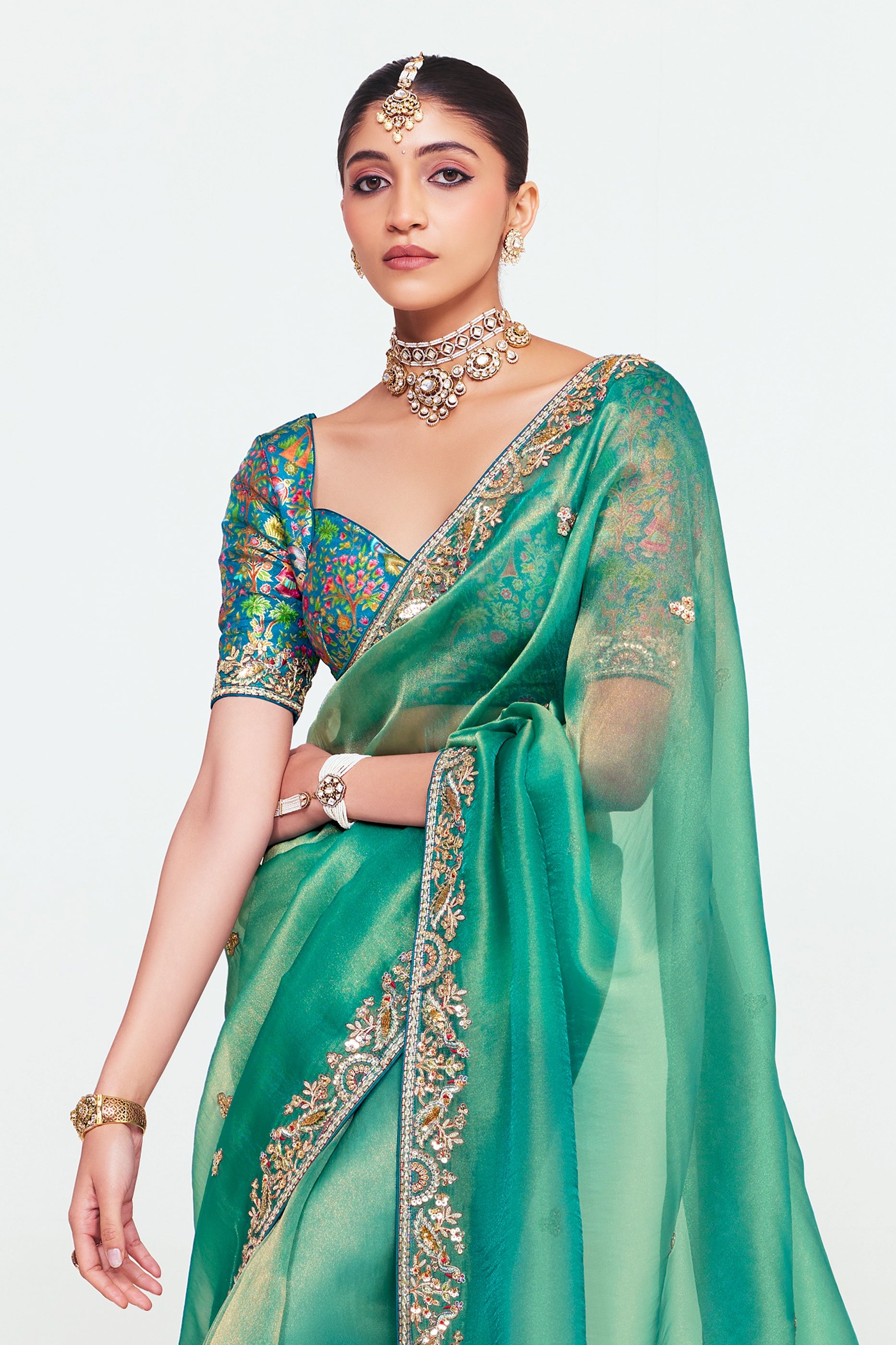 Green Embroidered Satin Organza Saree-SAR12248_2_SareeButa.com
