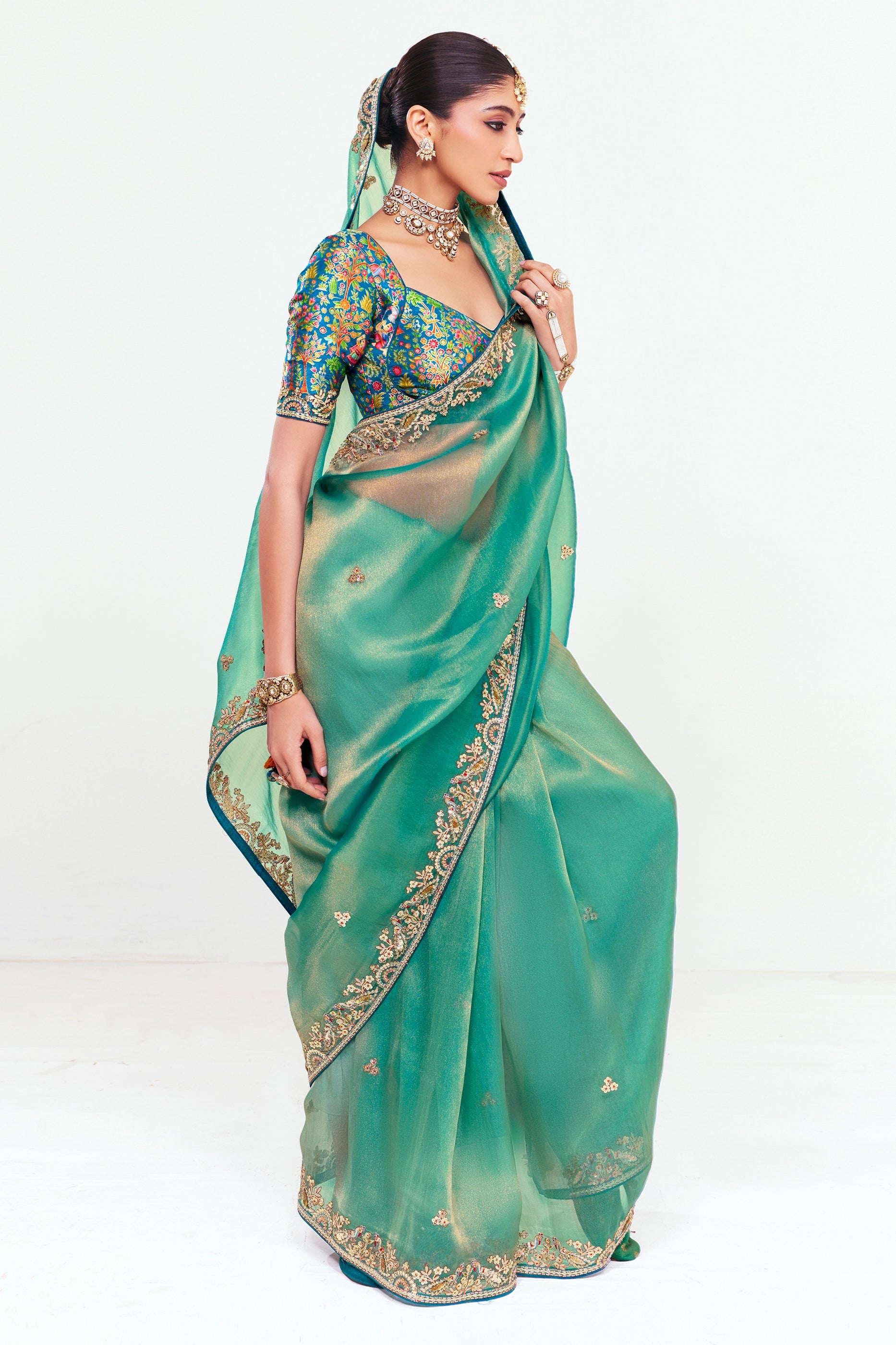 Green Embroidered Satin Organza Saree-SAR12248_3_SareeButa.com