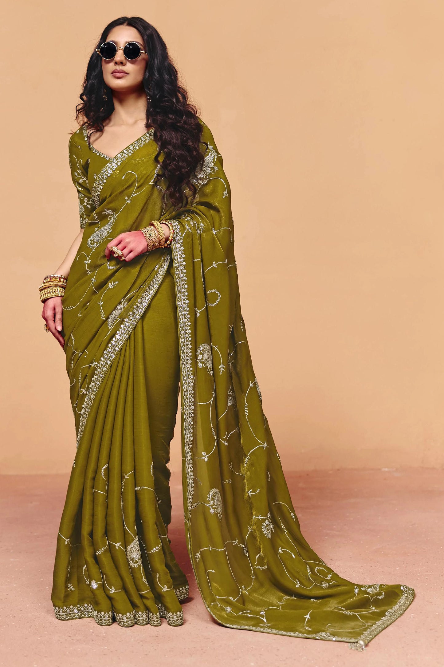 Green Embroidered Satin Organza Saree-SAR12270_1_SareeButa.com