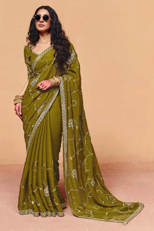 Green Embroidered Satin Organza Saree-SAR12270_1_SareeButa.com