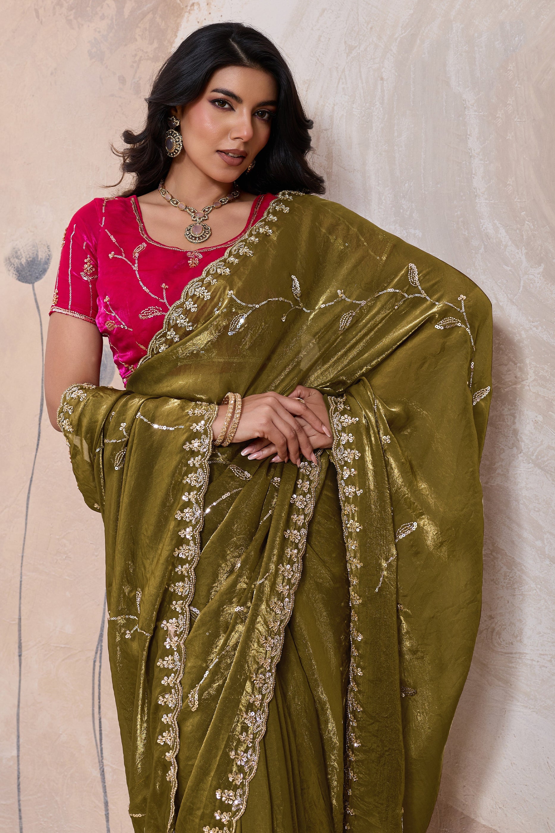 Green Embroidered Satin Saree-SAR11790_3_SareeButa.com