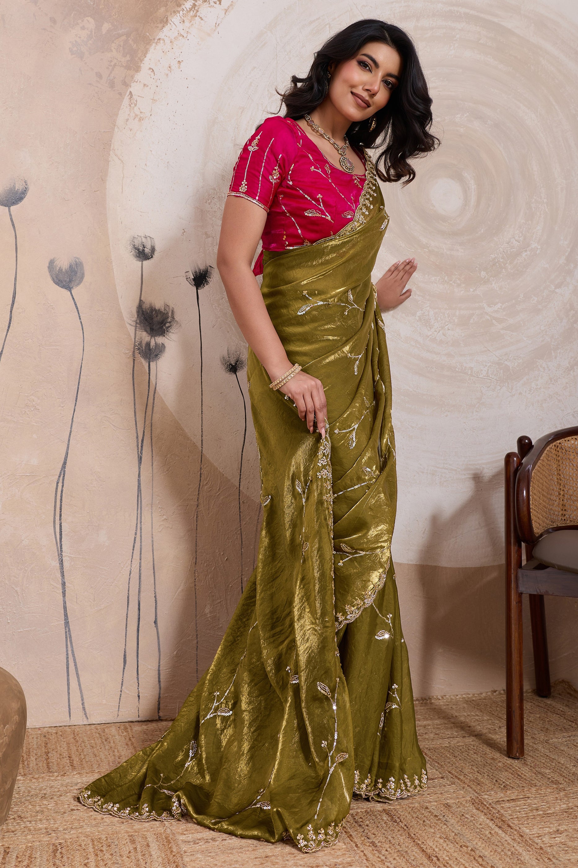 Green Embroidered Satin Saree-SAR11790_4_SareeButa.com