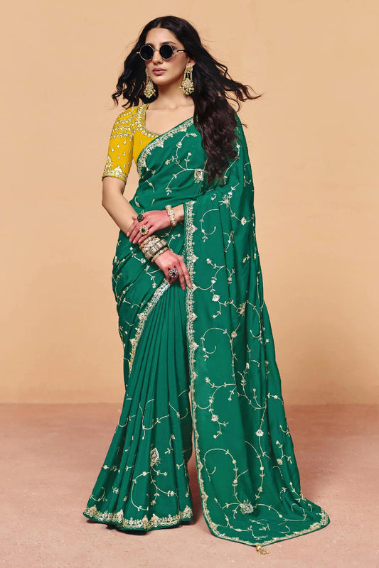 Green Embroidered Satin Silk Saree-SAR12269_1_SareeButa.com