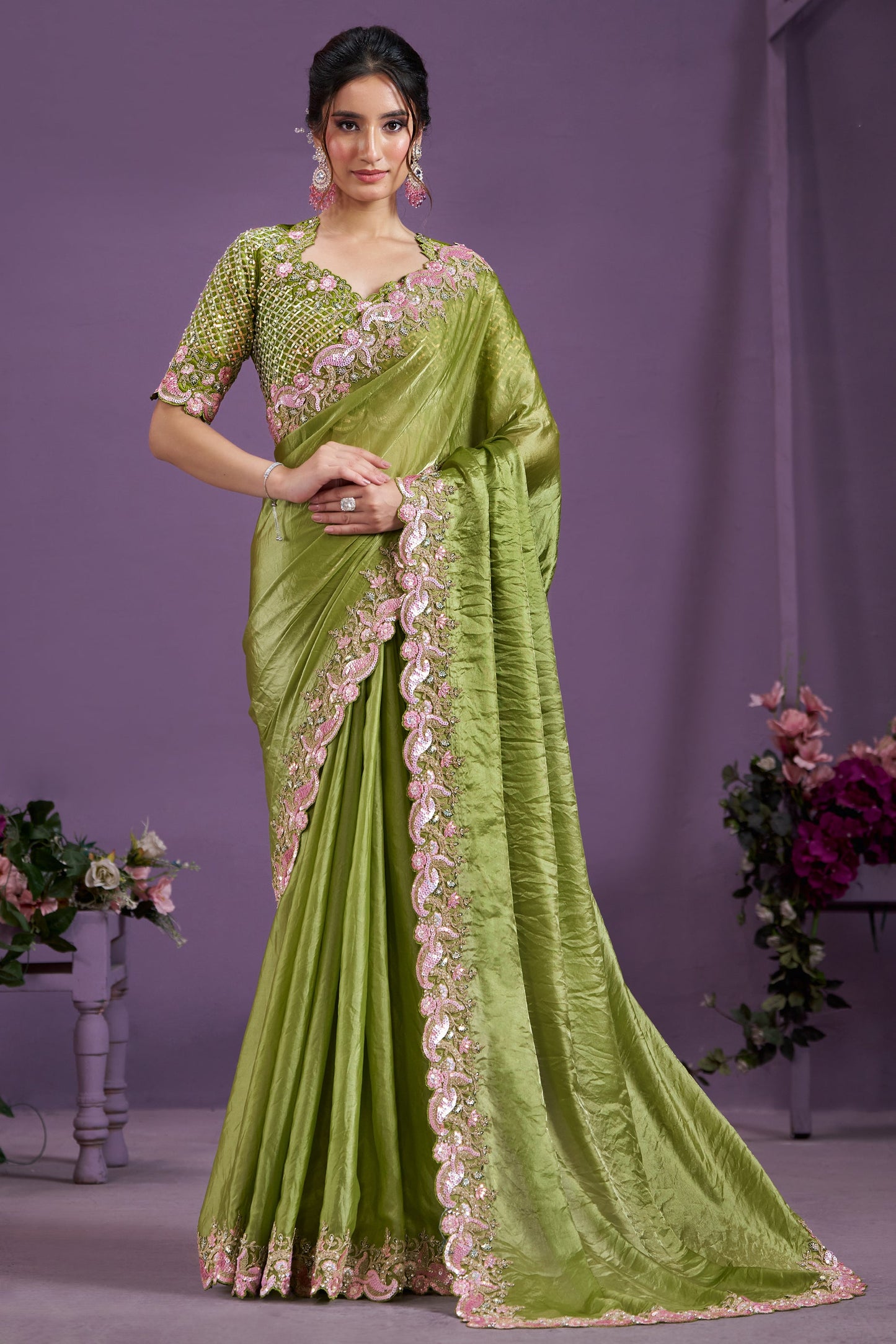 Green Embroidered Satin Silk Saree-ZB133352_1_SareeButa.com