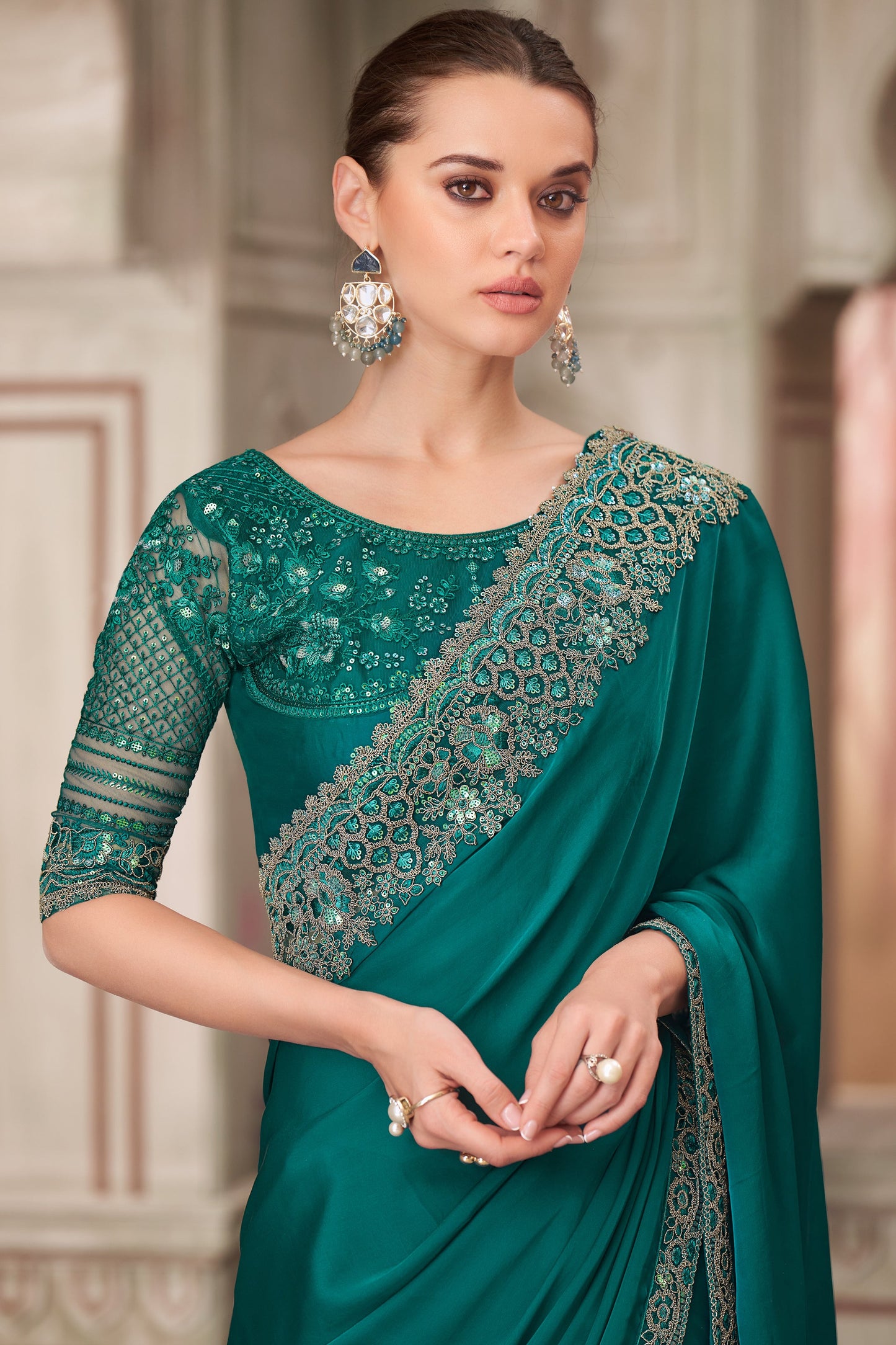 Green Embroidered Satin Silk Saree-ZB134554_2_SareeButa.com