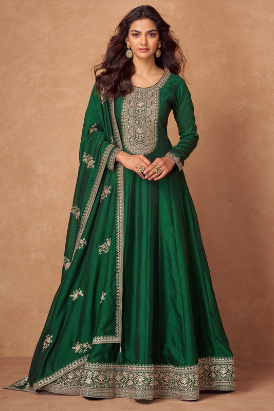 Green Embroidered Silk Gown with Dupatta-SS467_1_SareeButa.com