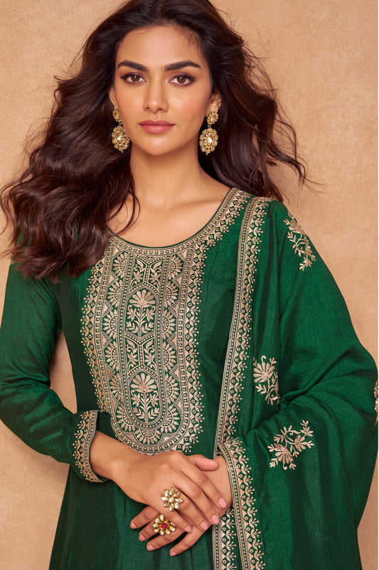 Green Embroidered Silk Gown with Dupatta-SS467_2_SareeButa.com