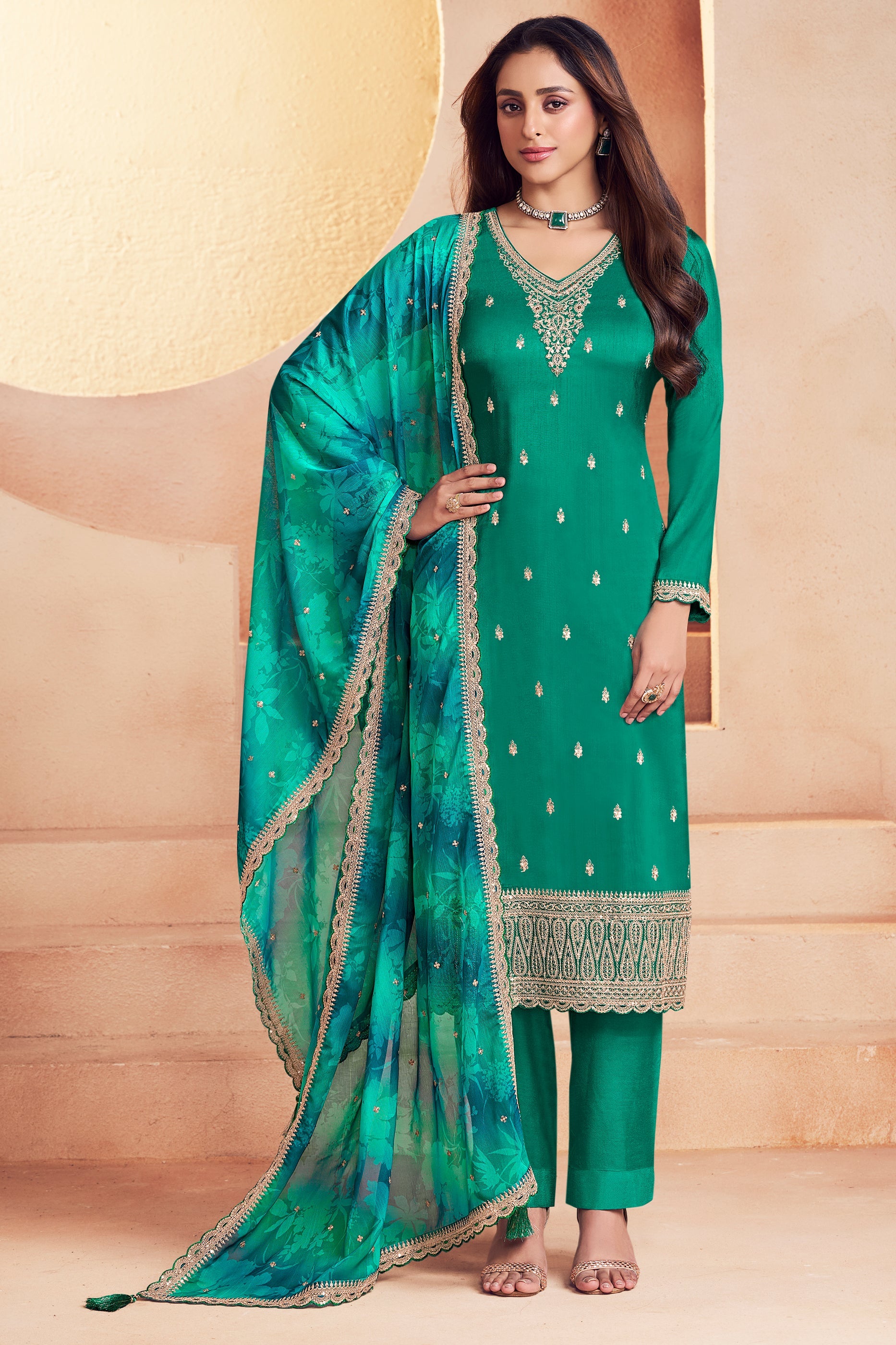 Green Embroidered Silk Suit-SAR11735_1_SareeButa.com