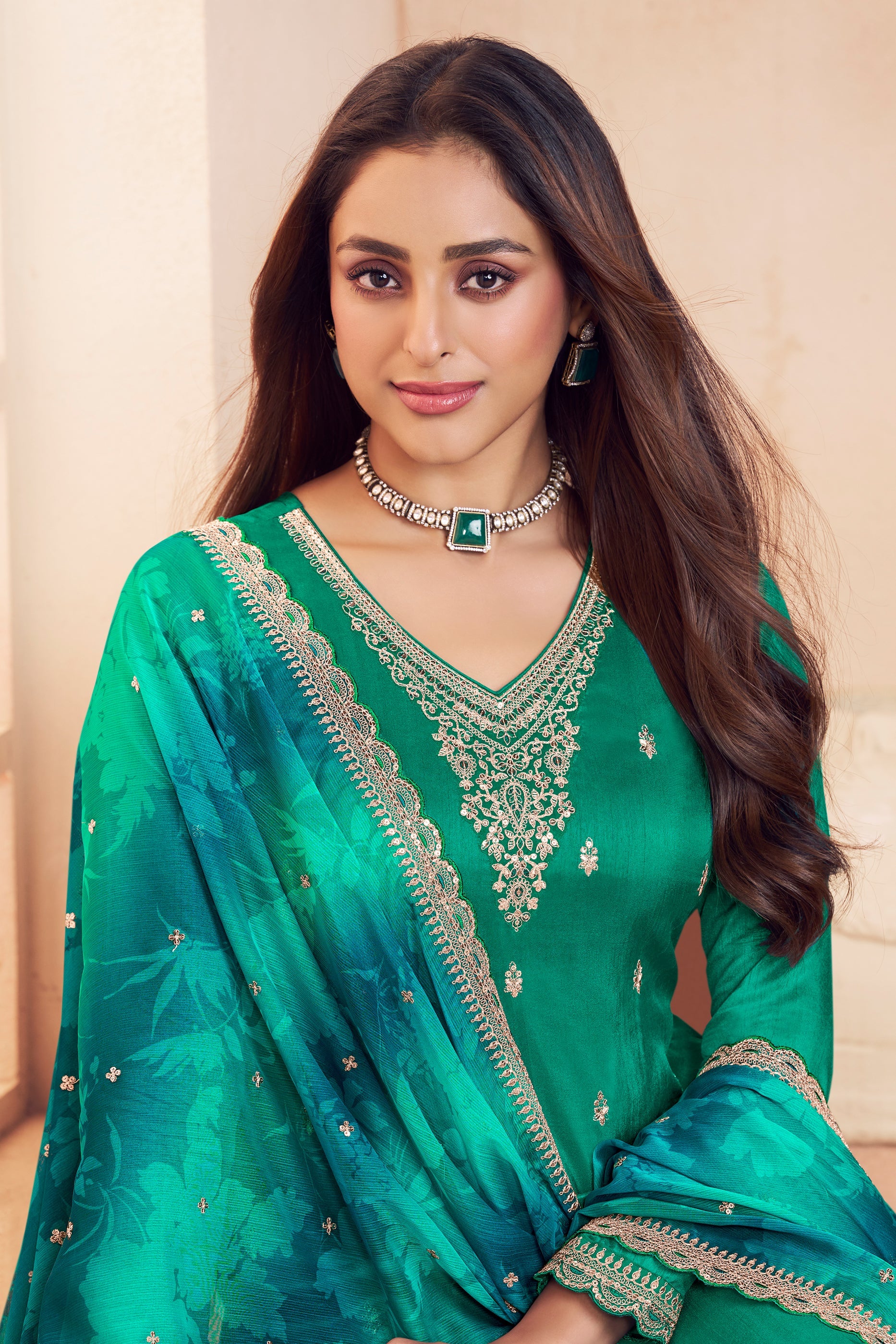 Green Embroidered Silk Suit-SAR11735_2_SareeButa.com