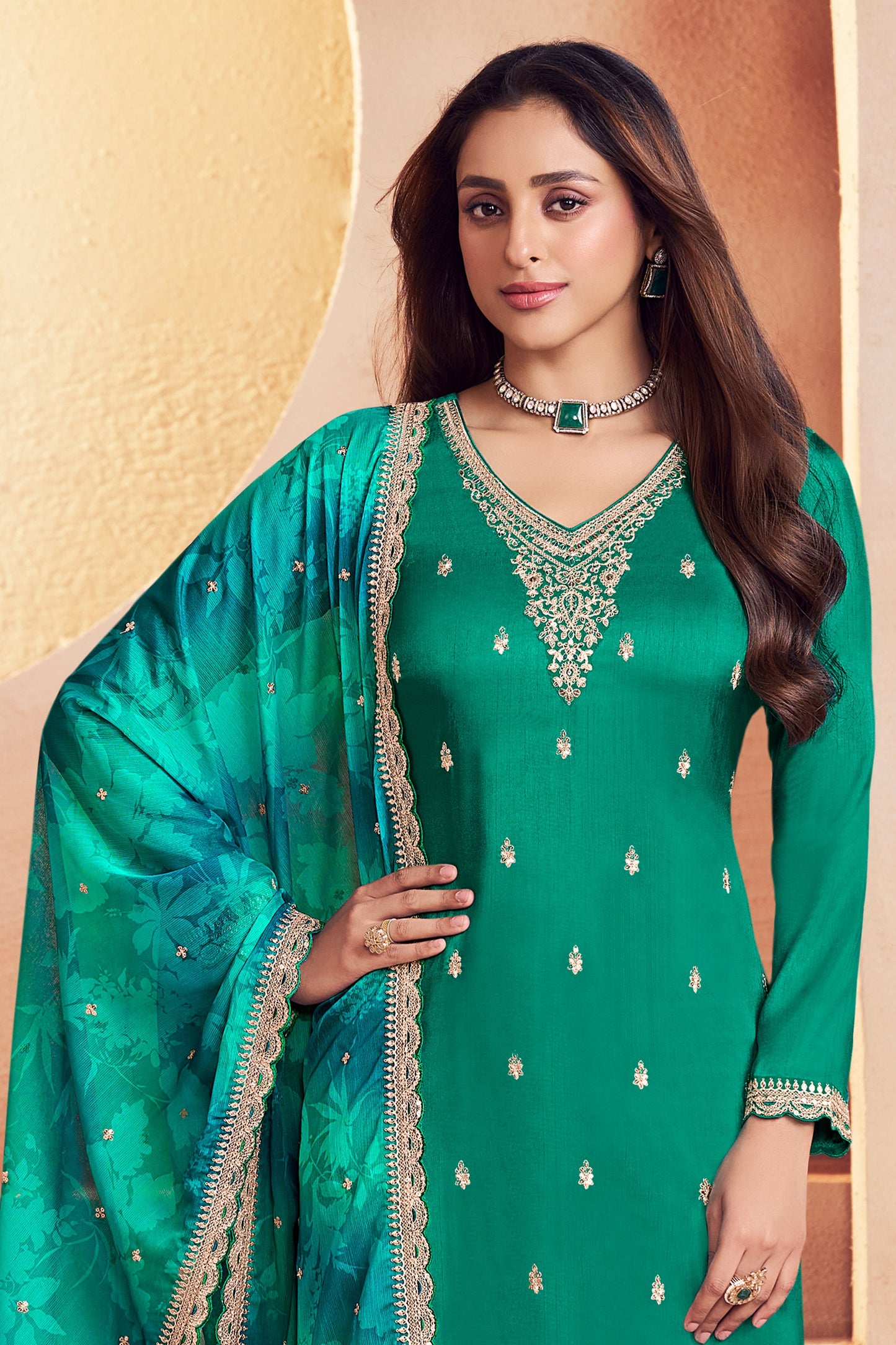 Green Embroidered Silk Suit-SAR11735_3_SareeButa.com