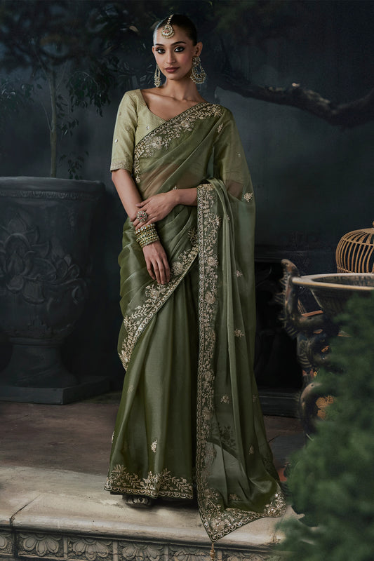 Green Embroidered Tissue Organza Saree-SAR13113_1_SareeButa.com