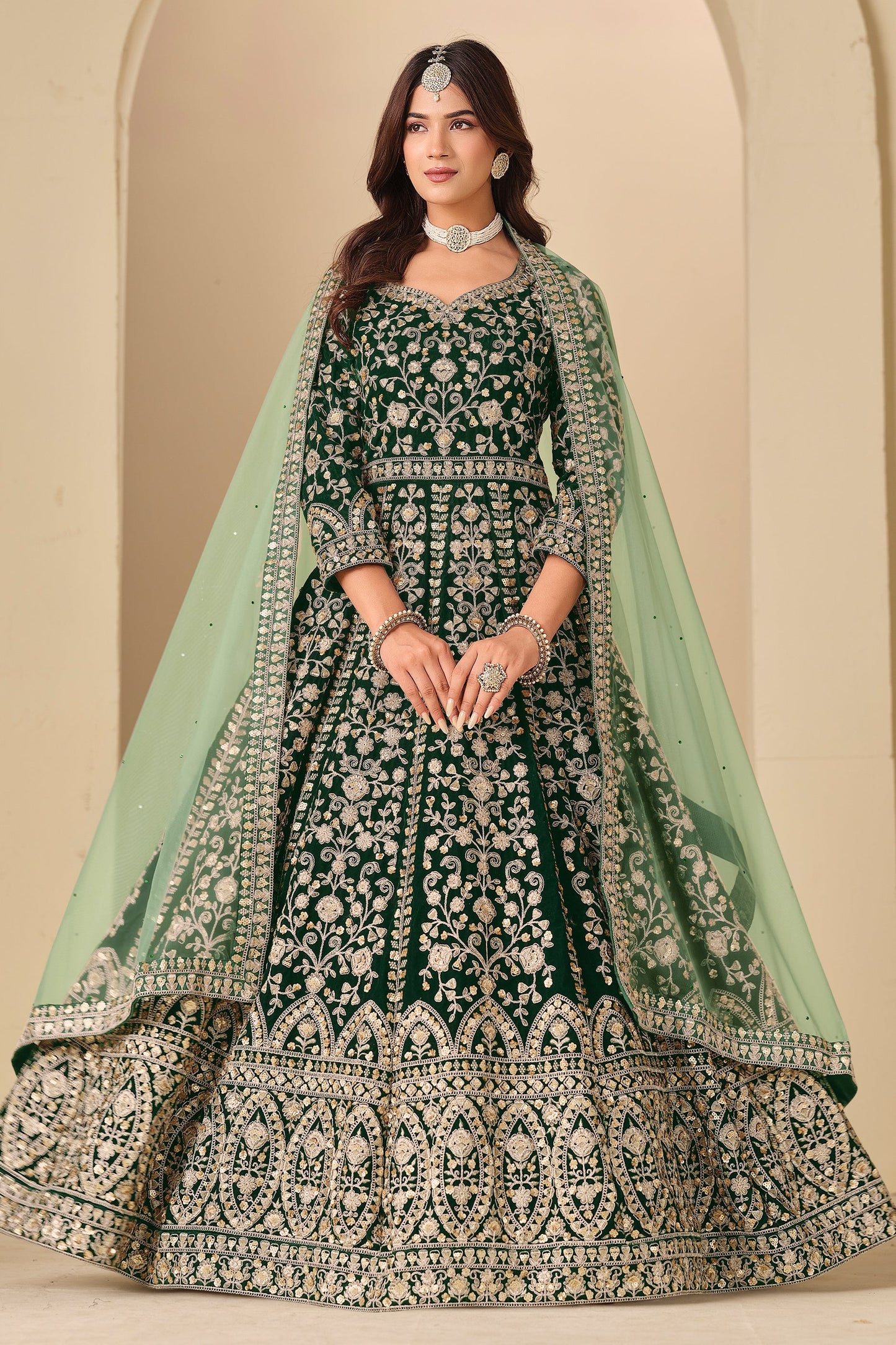 Green Embroidered Velvet Gown With Dupatta-SAR11576_1_SareeButa.com