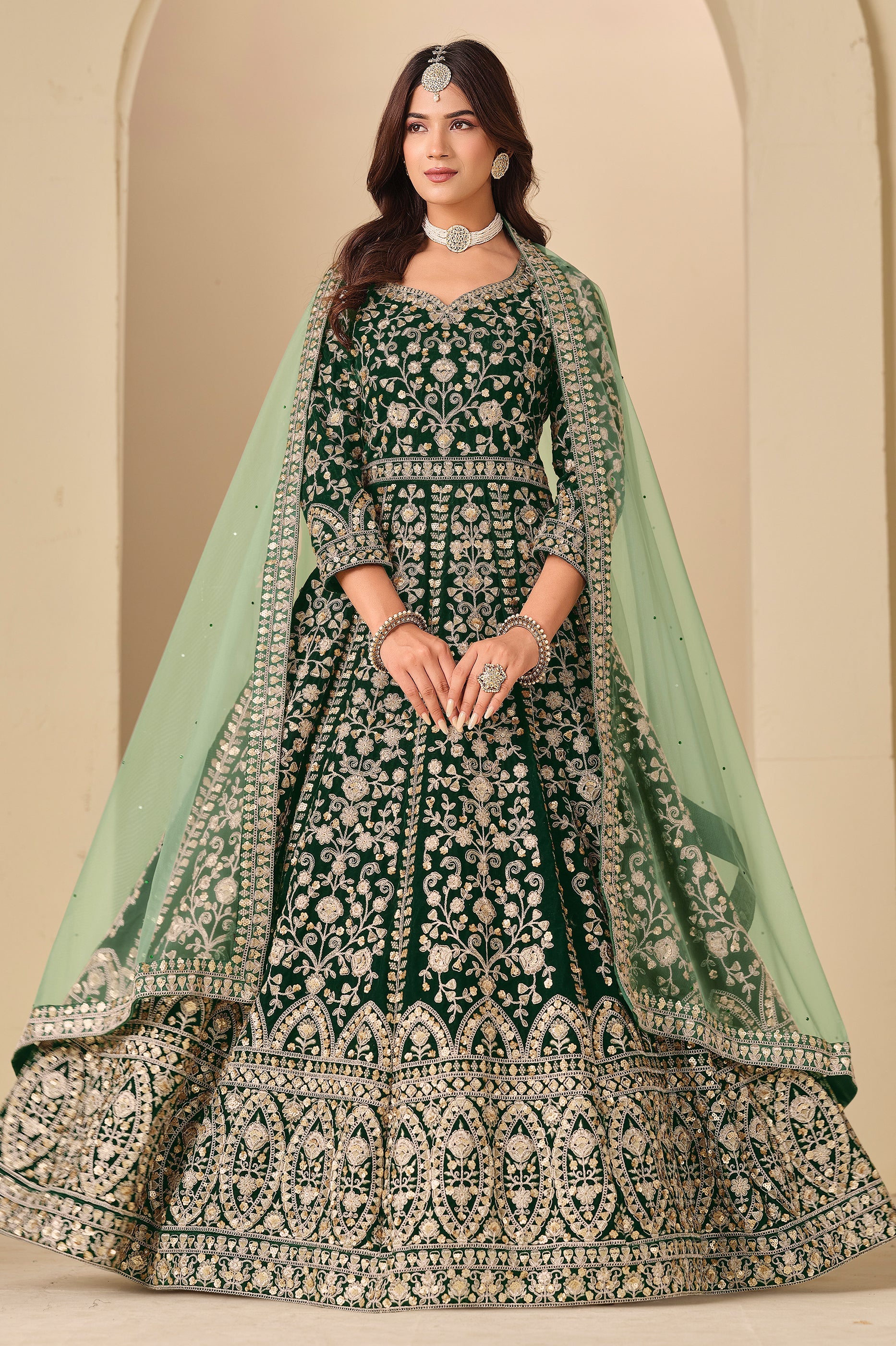 Green Embroidered Velvet Gown With Dupatta-SAR11576_1_SareeButa.com