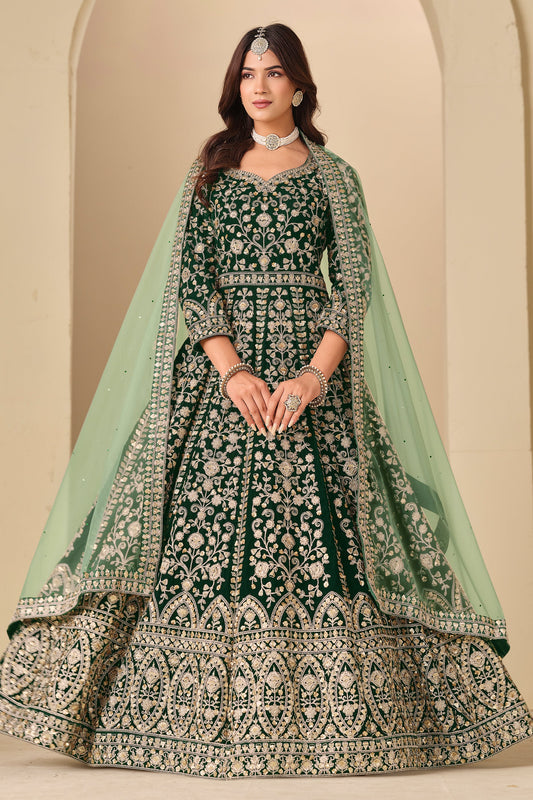 Green Embroidered Velvet Gown With Dupatta-SAR11576_1_SareeButa.com
