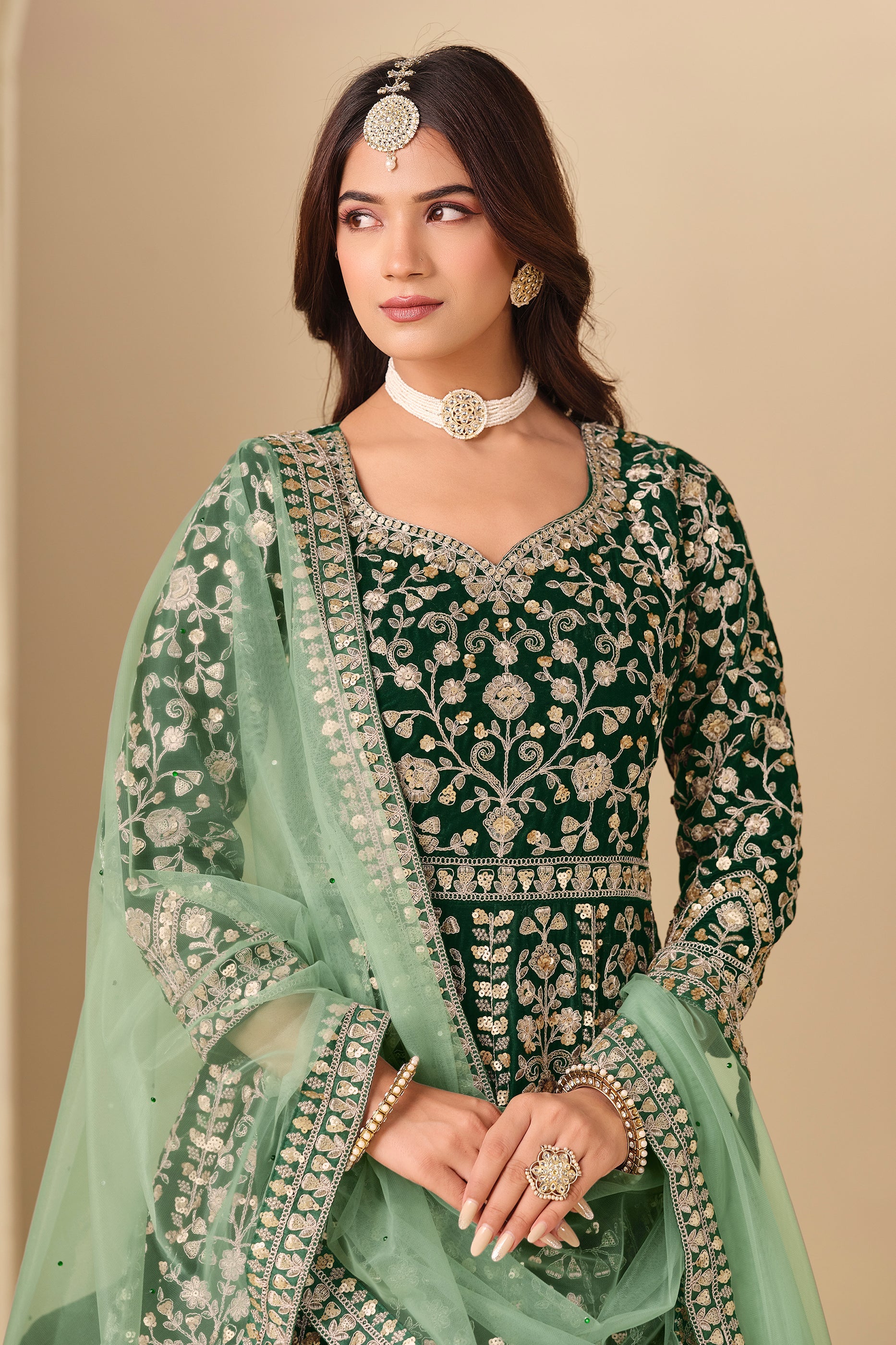 Green Embroidered Velvet Gown With Dupatta-SAR11576_2_SareeButa.com