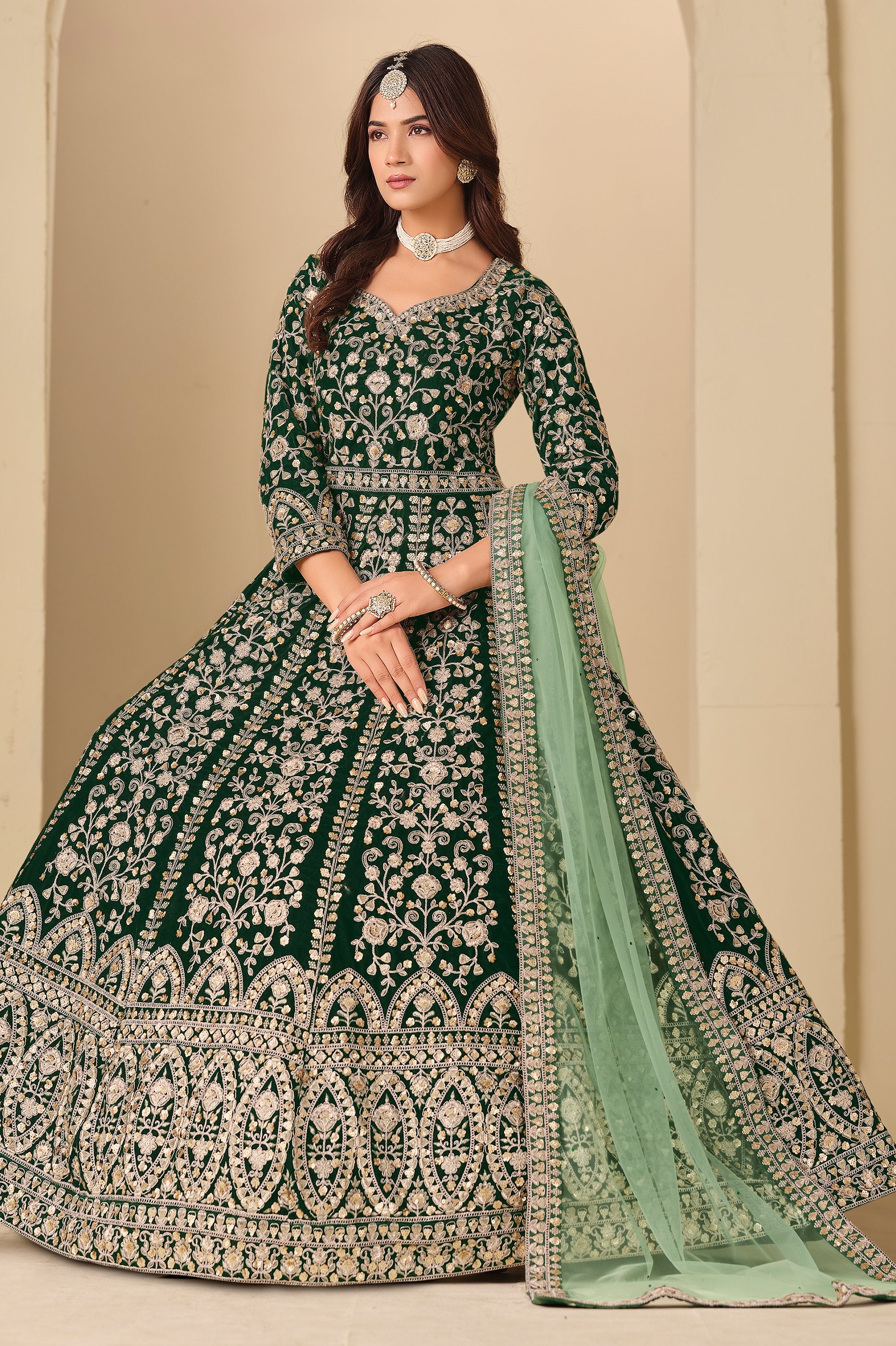 Green Embroidered Velvet Gown With Dupatta-SAR11576_3_SareeButa.com