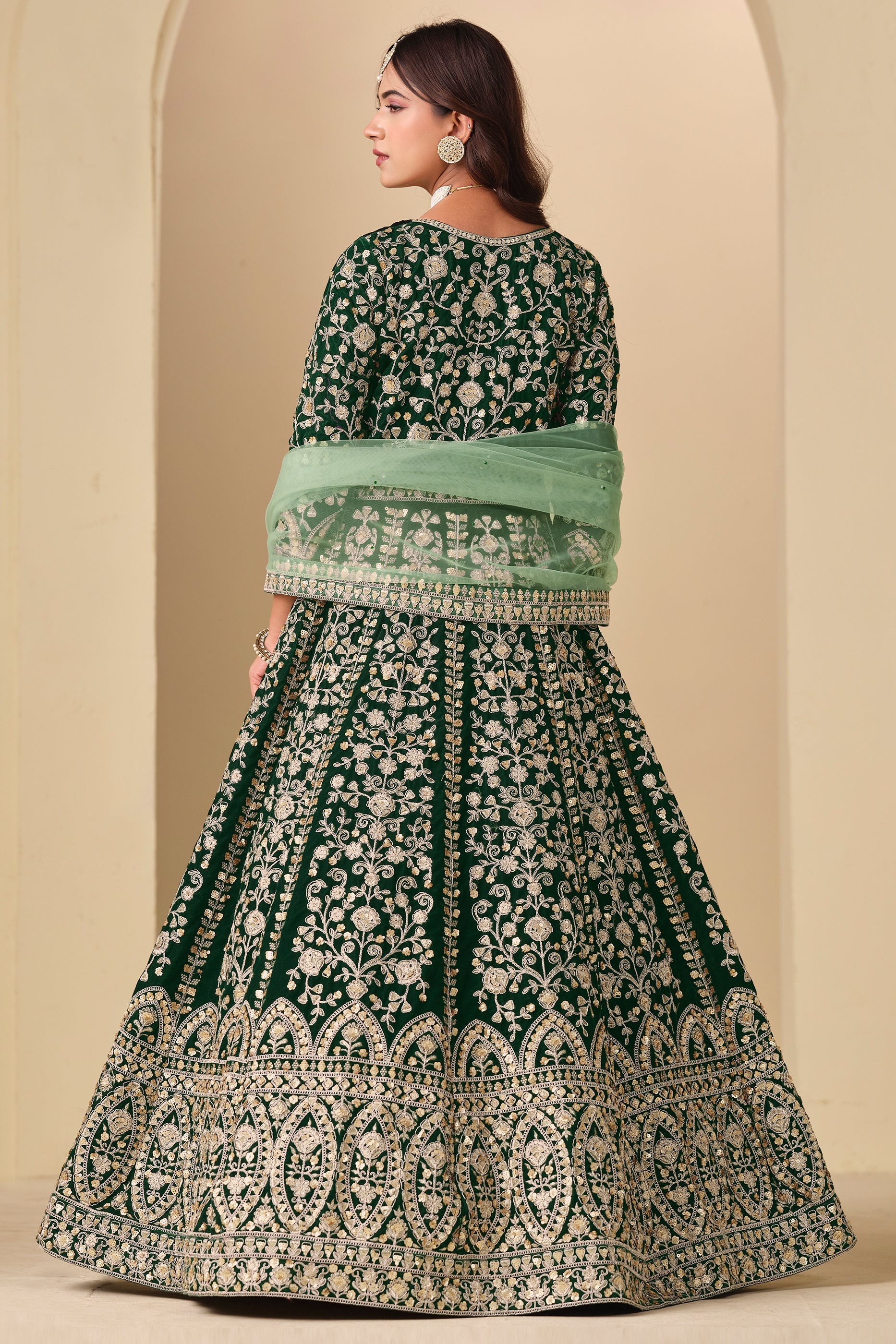 Green Embroidered Velvet Gown With Dupatta-SAR11576_4_SareeButa.com