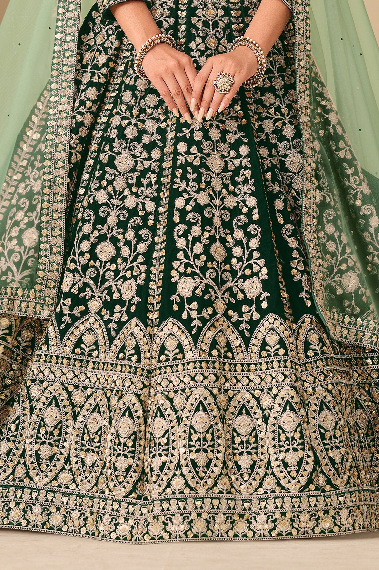 Green Embroidered Velvet Gown With Dupatta-SAR11576_5_SareeButa.com