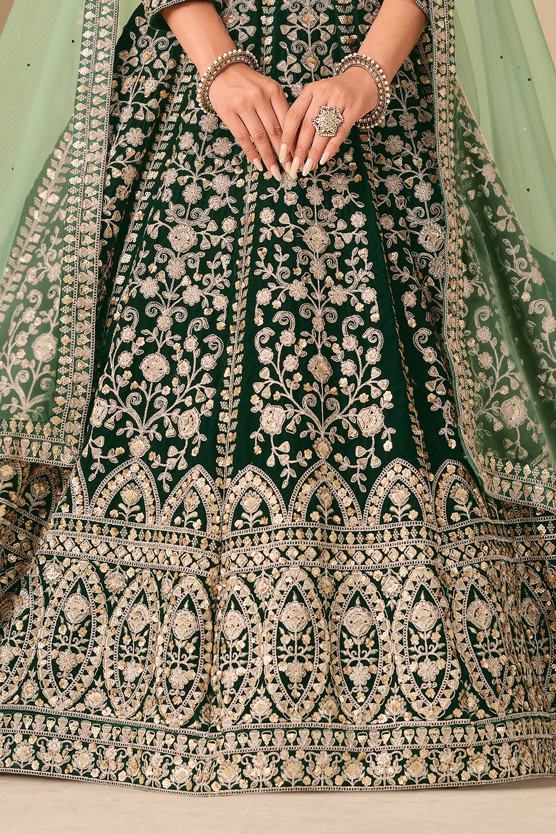 Green Embroidered Velvet Gown With Dupatta-SAR11576_5_SareeButa.com